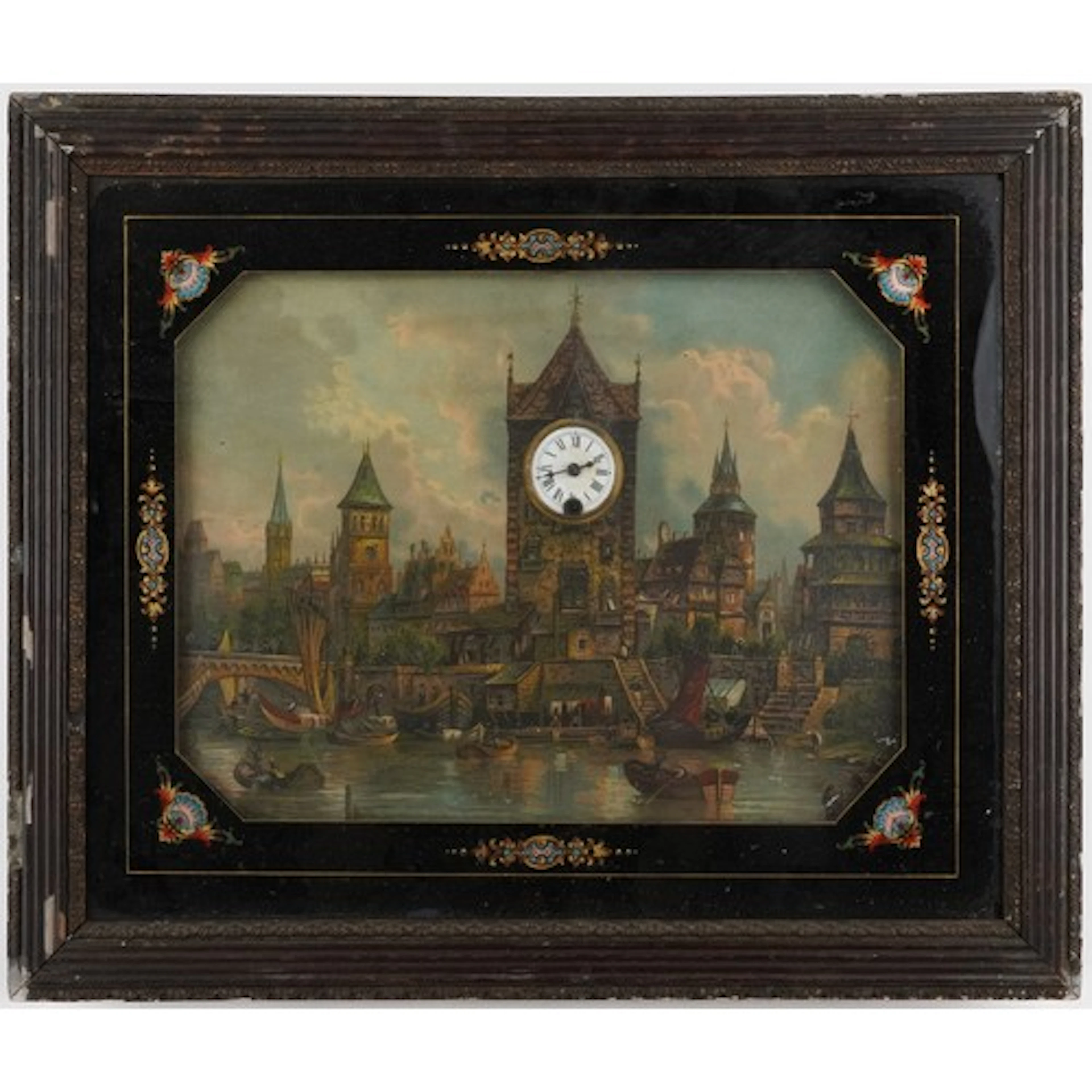Victorian picture clock hand painted with a continental land...