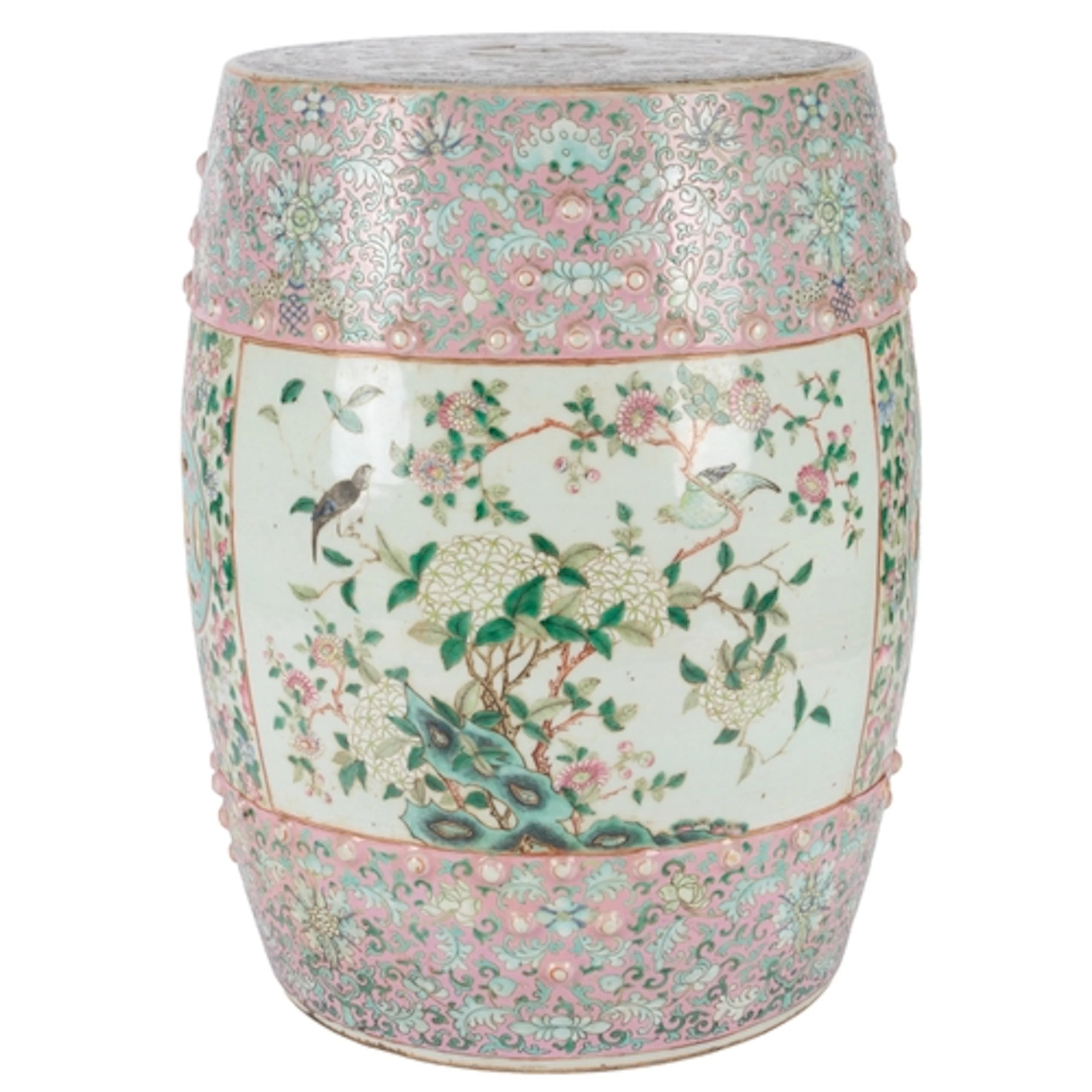 A Chinese famille rose 'quail and songbird' garden seat, mid...