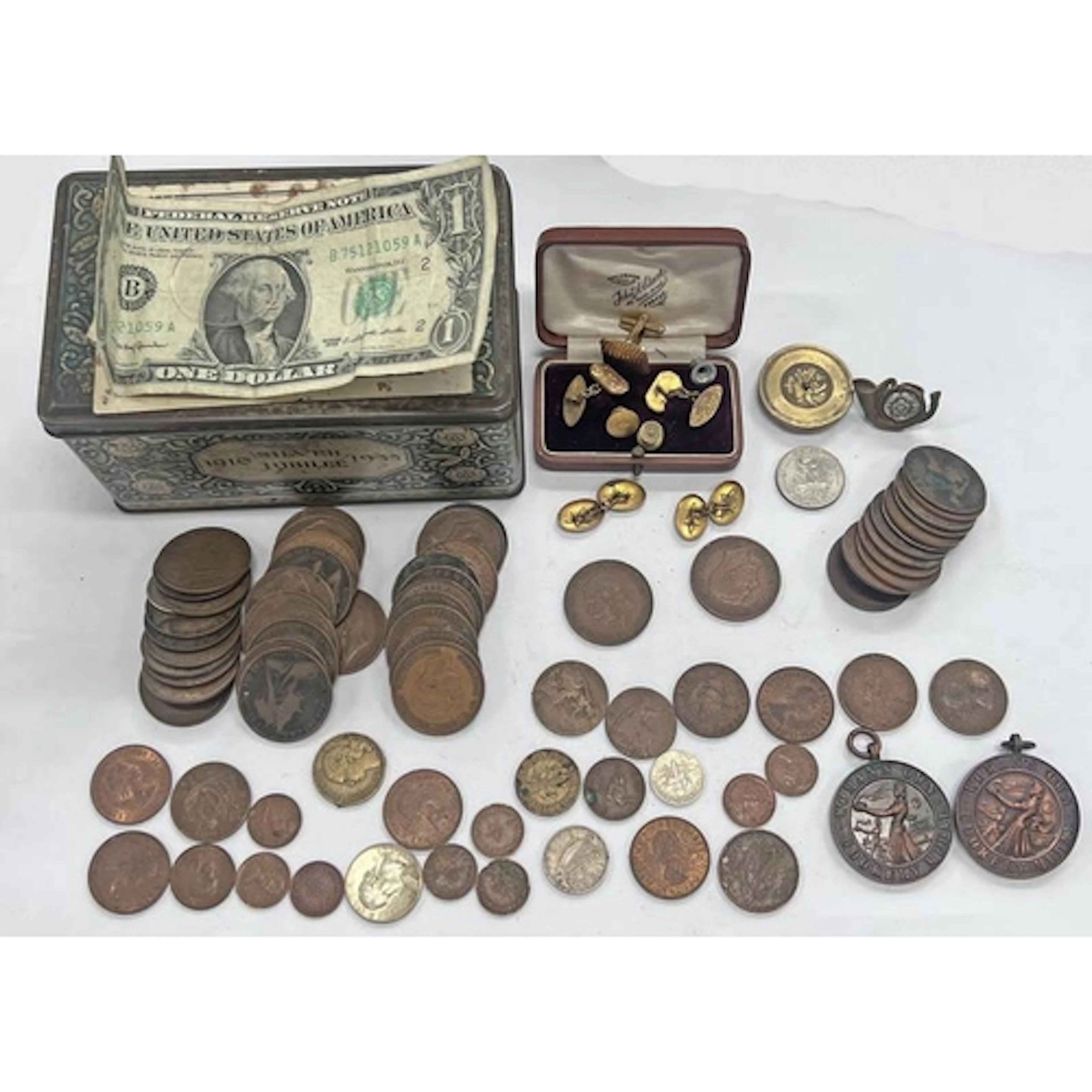 SILVER JUBILEE TIN, CUFF LINKS, 2 X WOMANS OWN COOKING MEDAL...