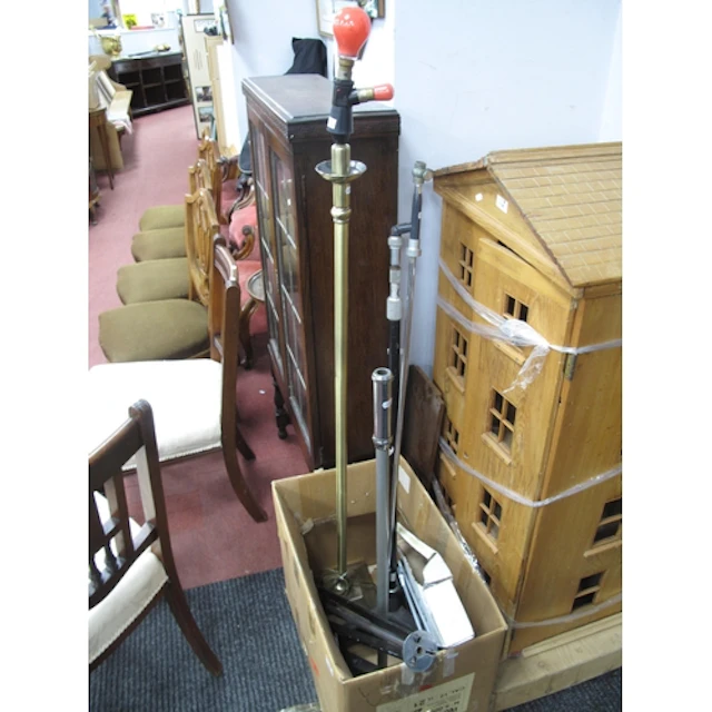 Vintage metal lighting and equipment stands, including a tal...