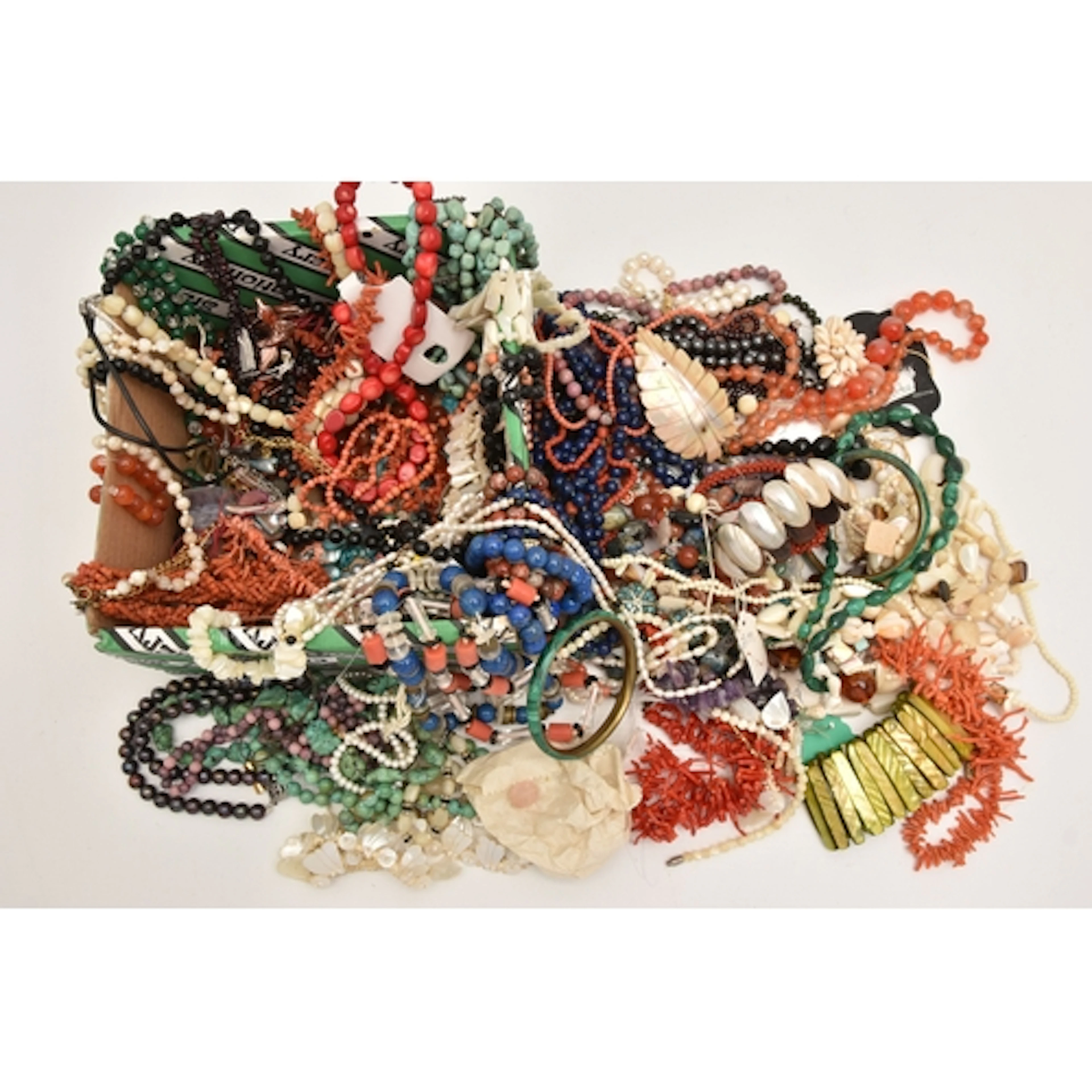 A BOX OF ASSORTED SEMI-PRECIOUS GEMSTONE BEADED NECKLACES AN...