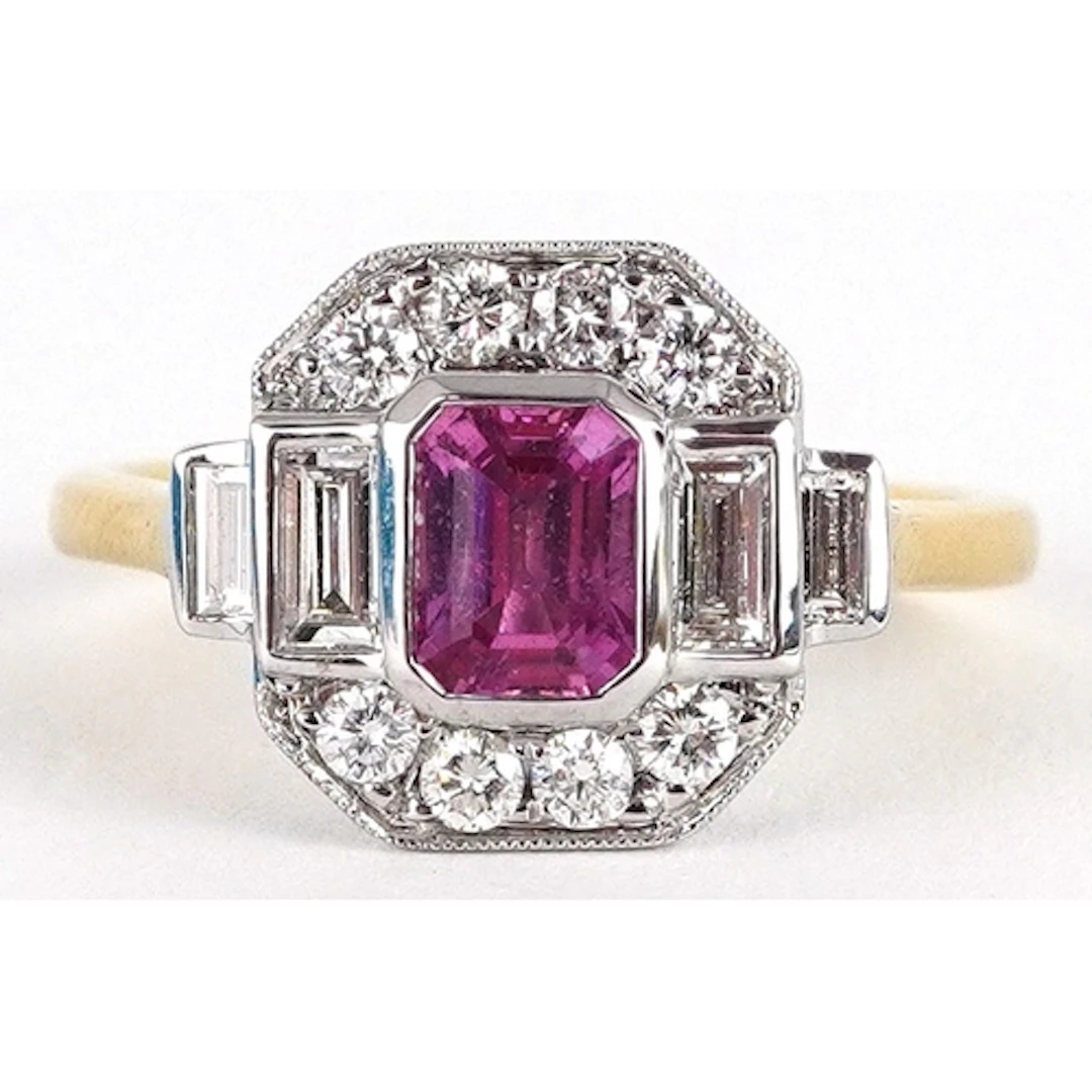 Art Deco style 18ct gold step cut pink sapphire, round brill...
