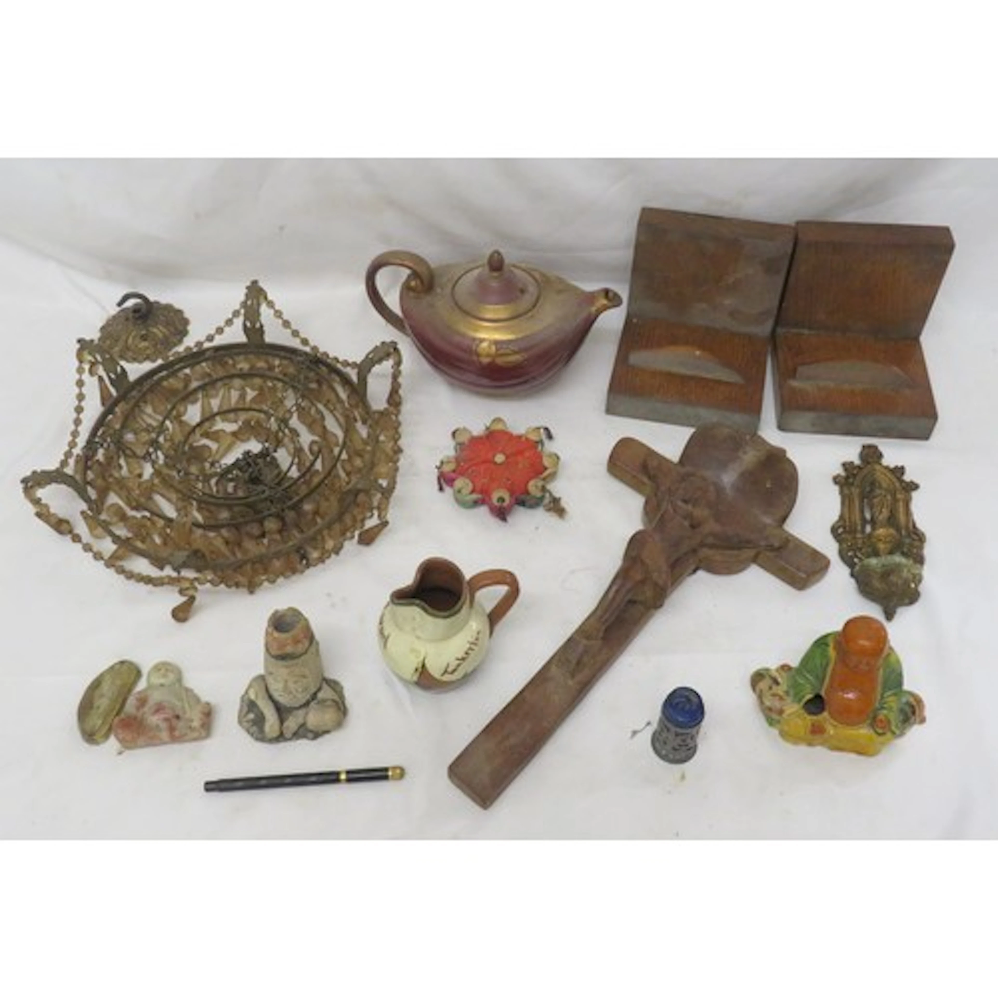 Vintage Metal Religious Icon with holy water bowl, carved wo...