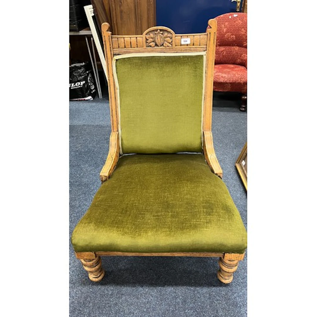 Antique carved oak framed ladies parlour chair, upholstered ...