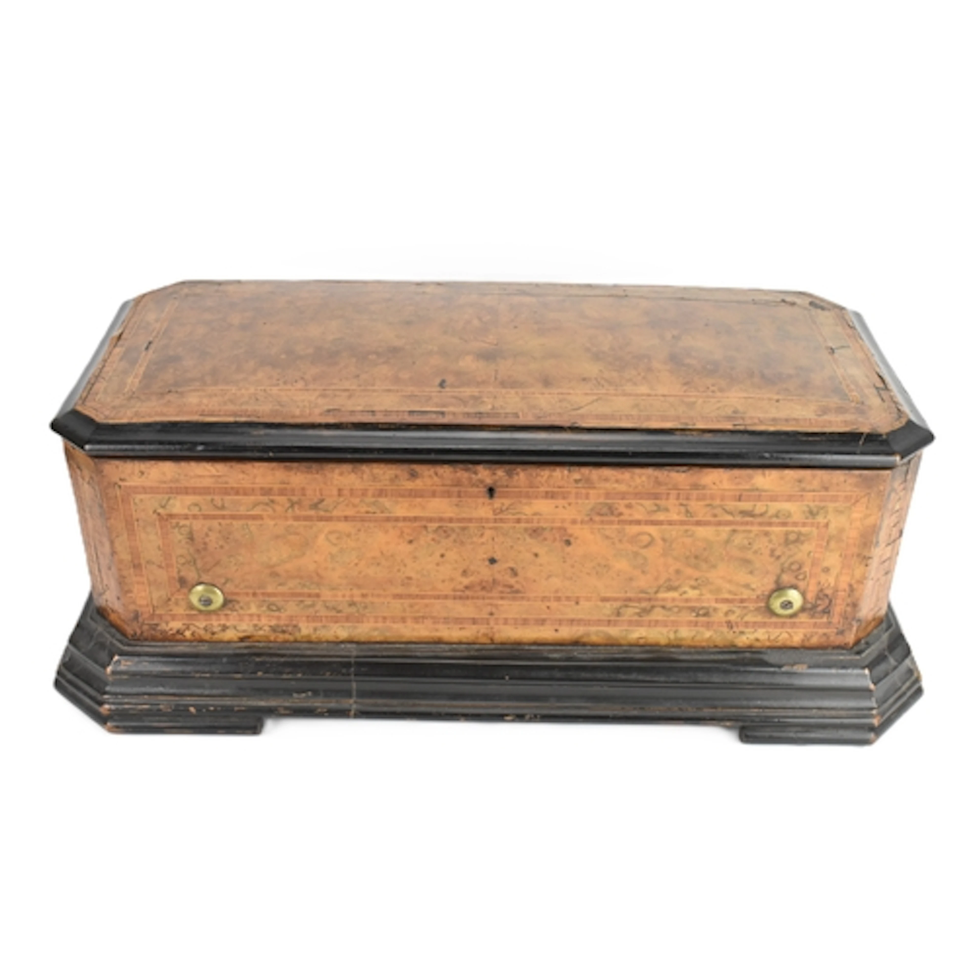 A Victorian cylinder musical box, the rectangular case venee...