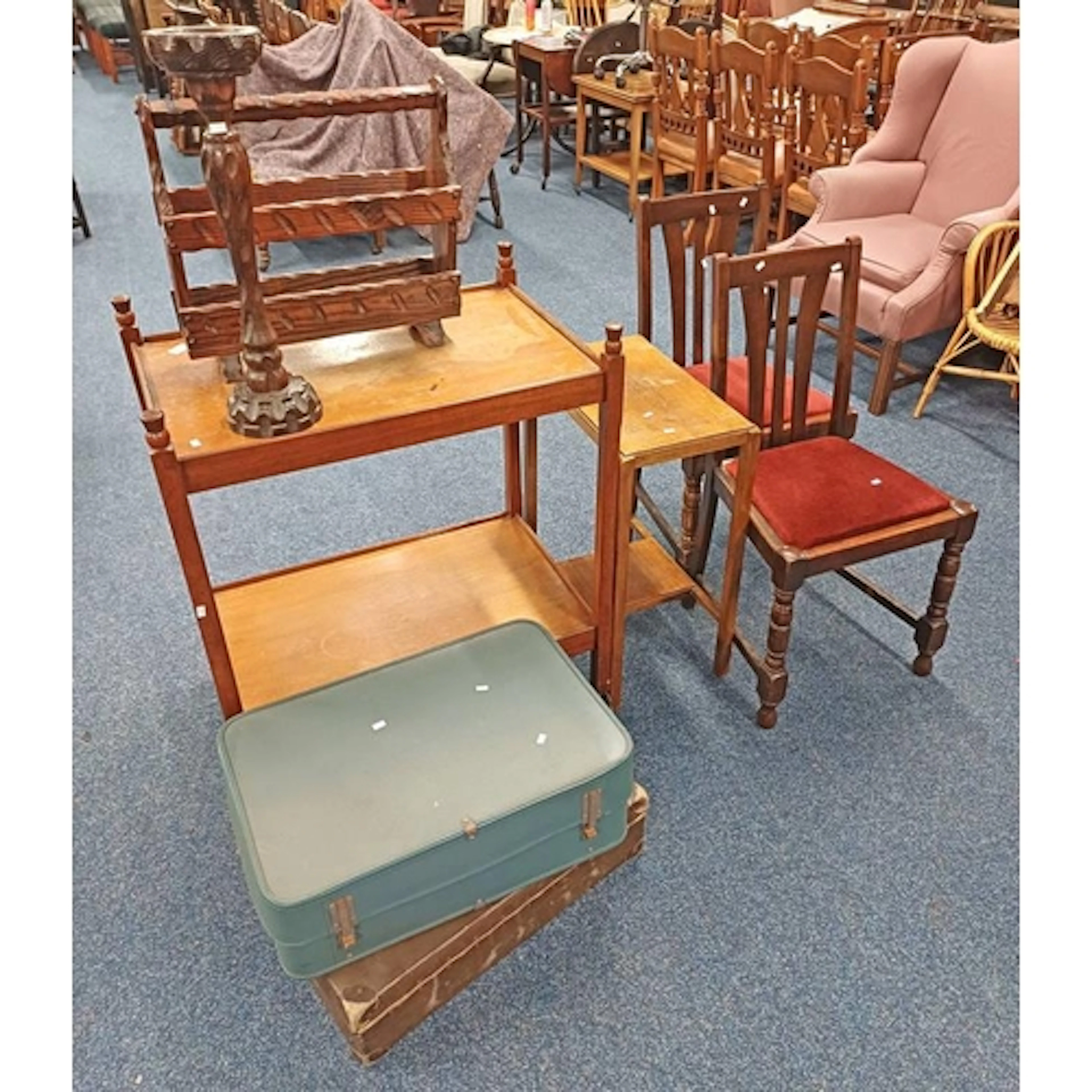 OAK 2-TIER TROLLEY WITH THISTLE DECORATION, PAIR OF MAHOGANY...