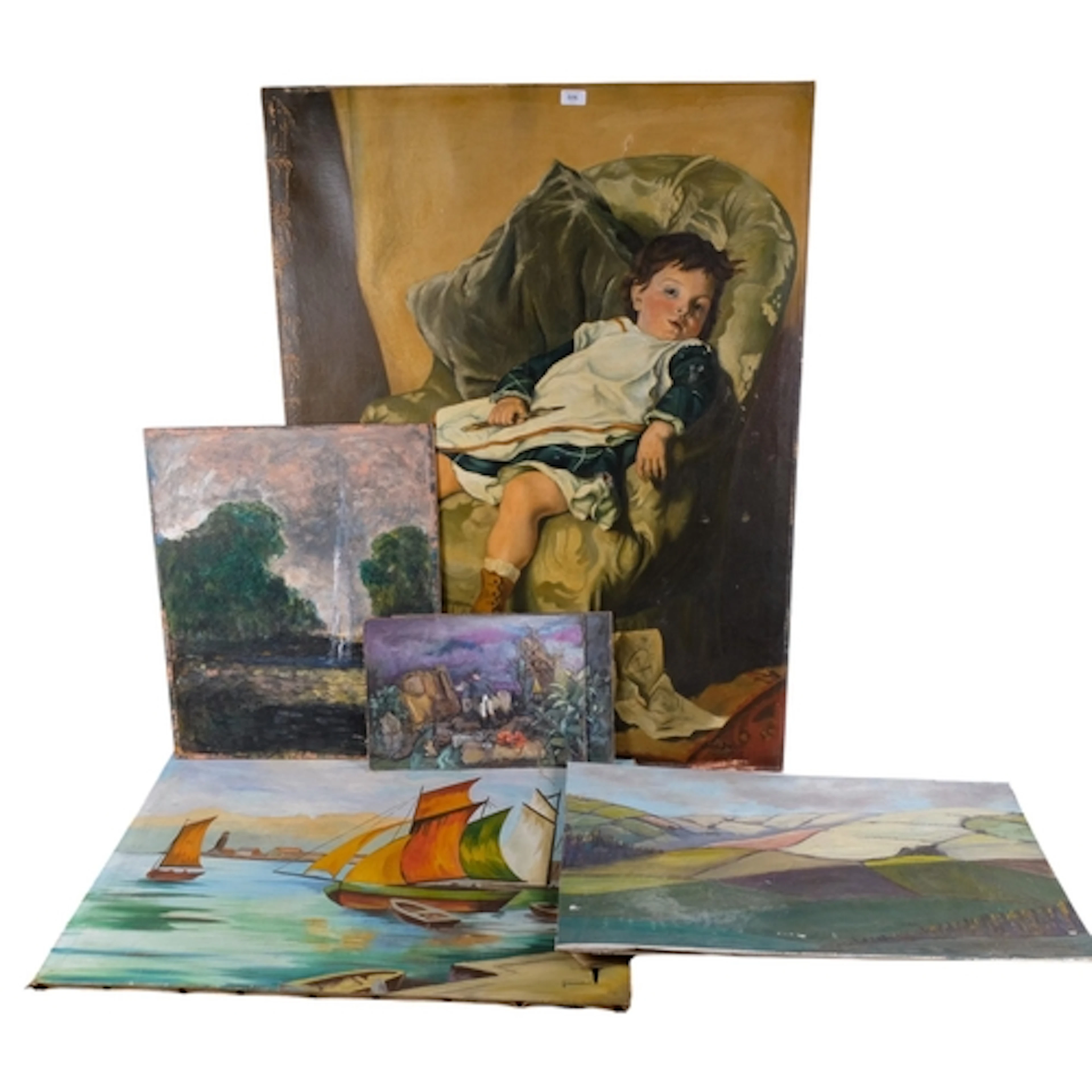 A collection of various paintings on canvases and boards, mo...