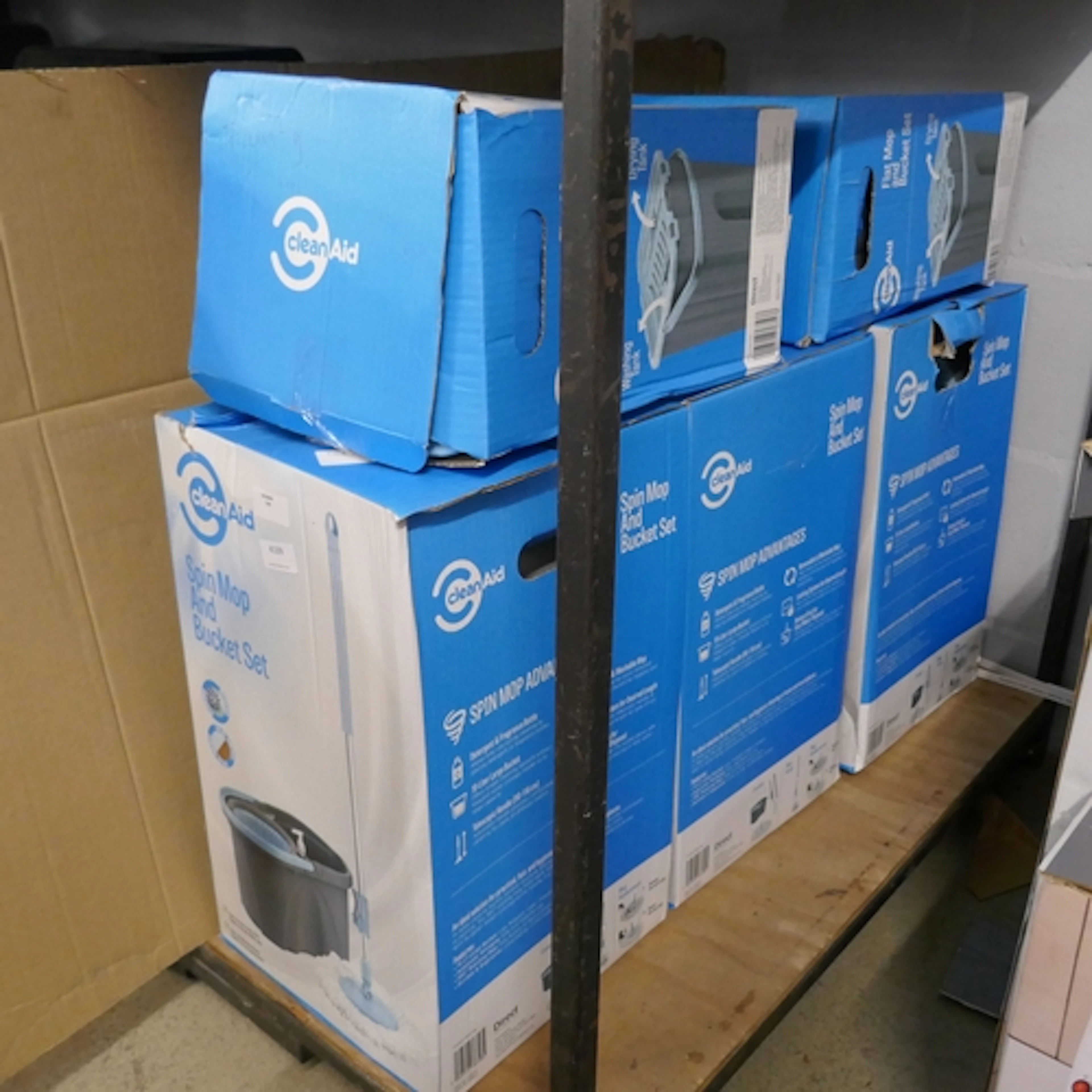 Three Cleanaid spin mops and buckets and two Cleanaid flat m...