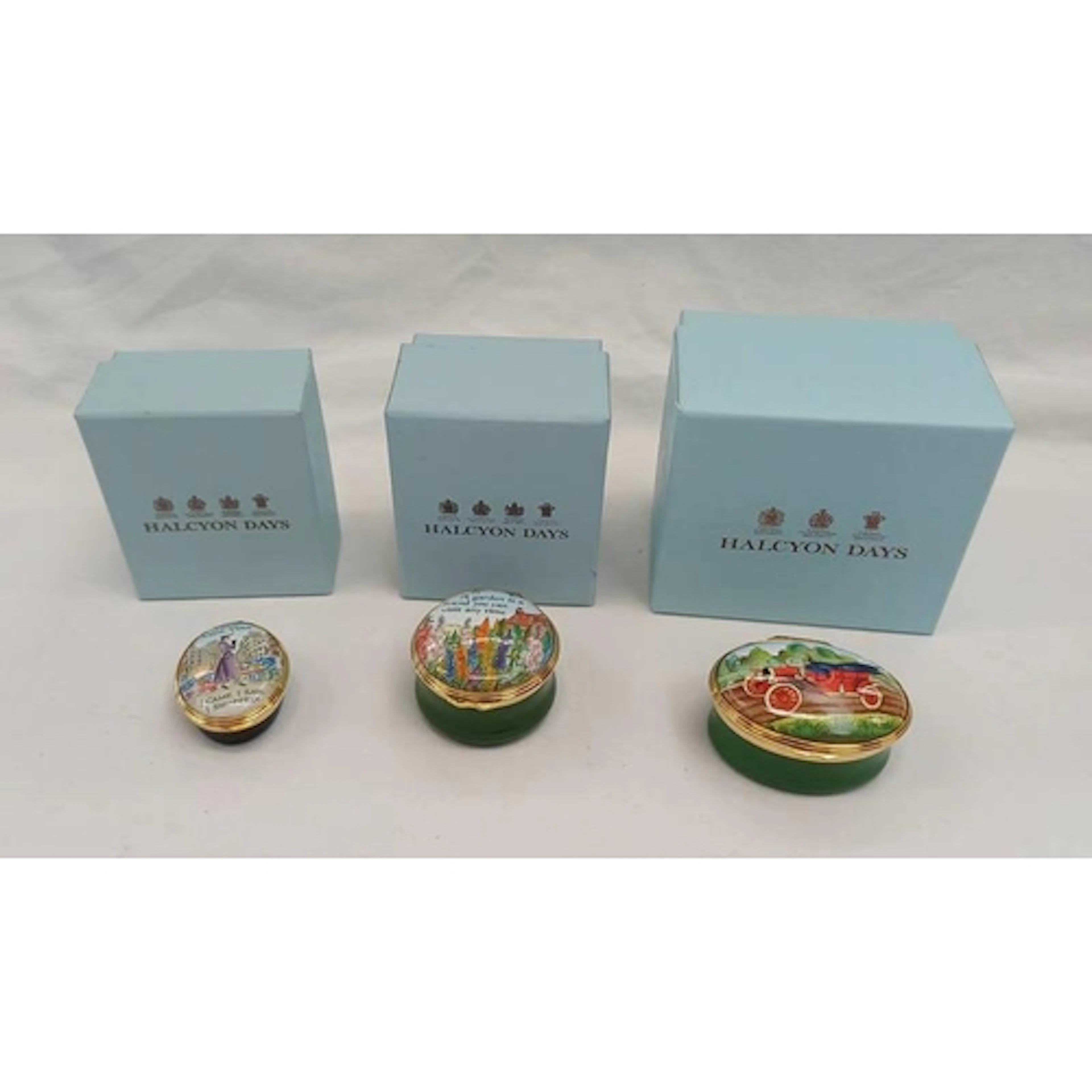 3 HALCYON DAYS ENAMEL BOXES : VERI, VIDI, VISA A GARDEN IS A...