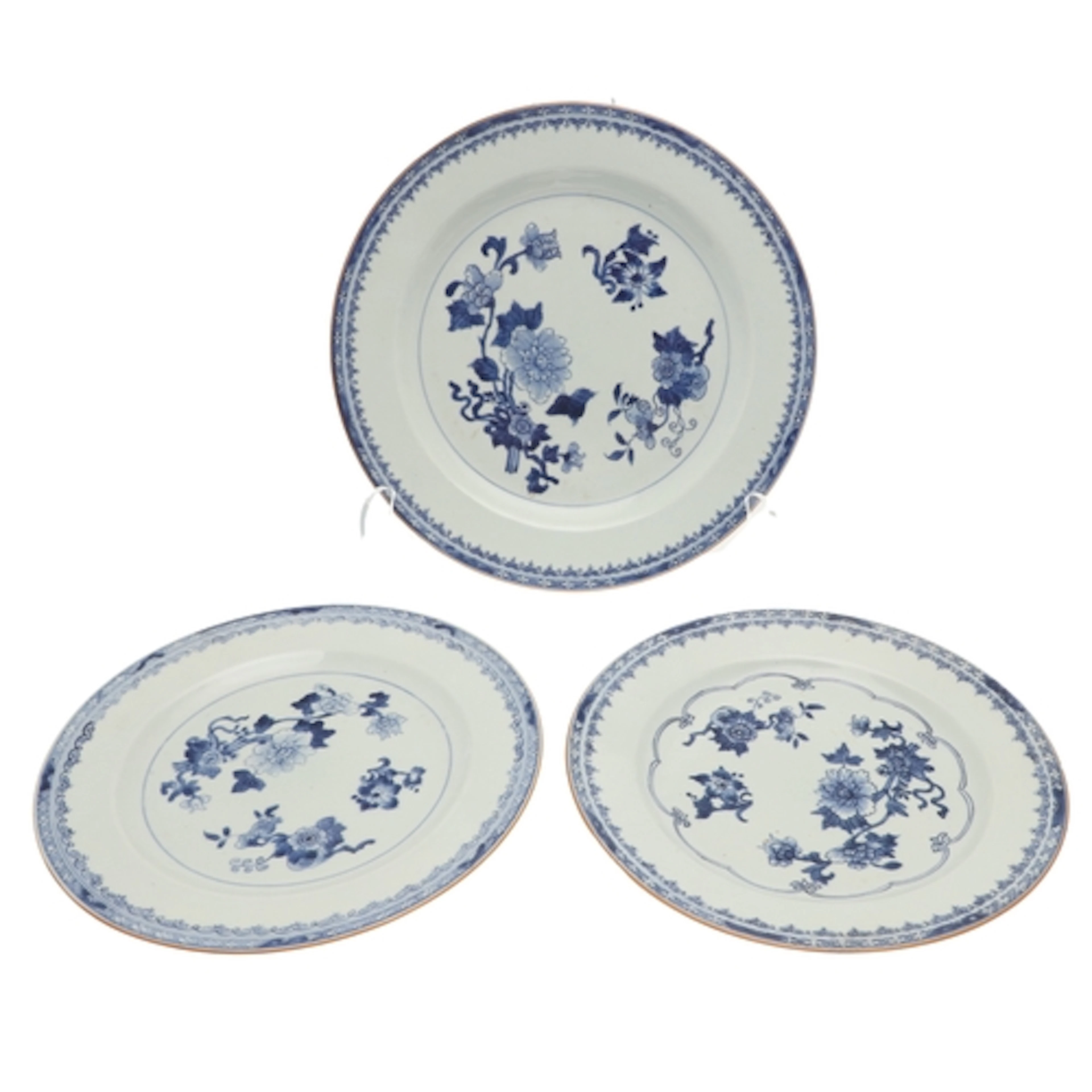 TWO CHINESE EXPORT BLUE & WHITE PLATES, & SIMILAR CHARGER. I...