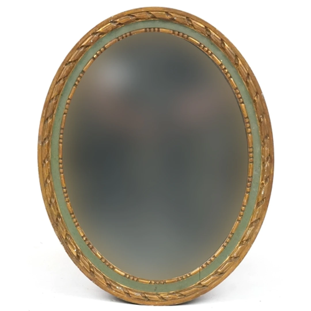 Regency style oval gilt and green painted wall mirror, 50cm ...