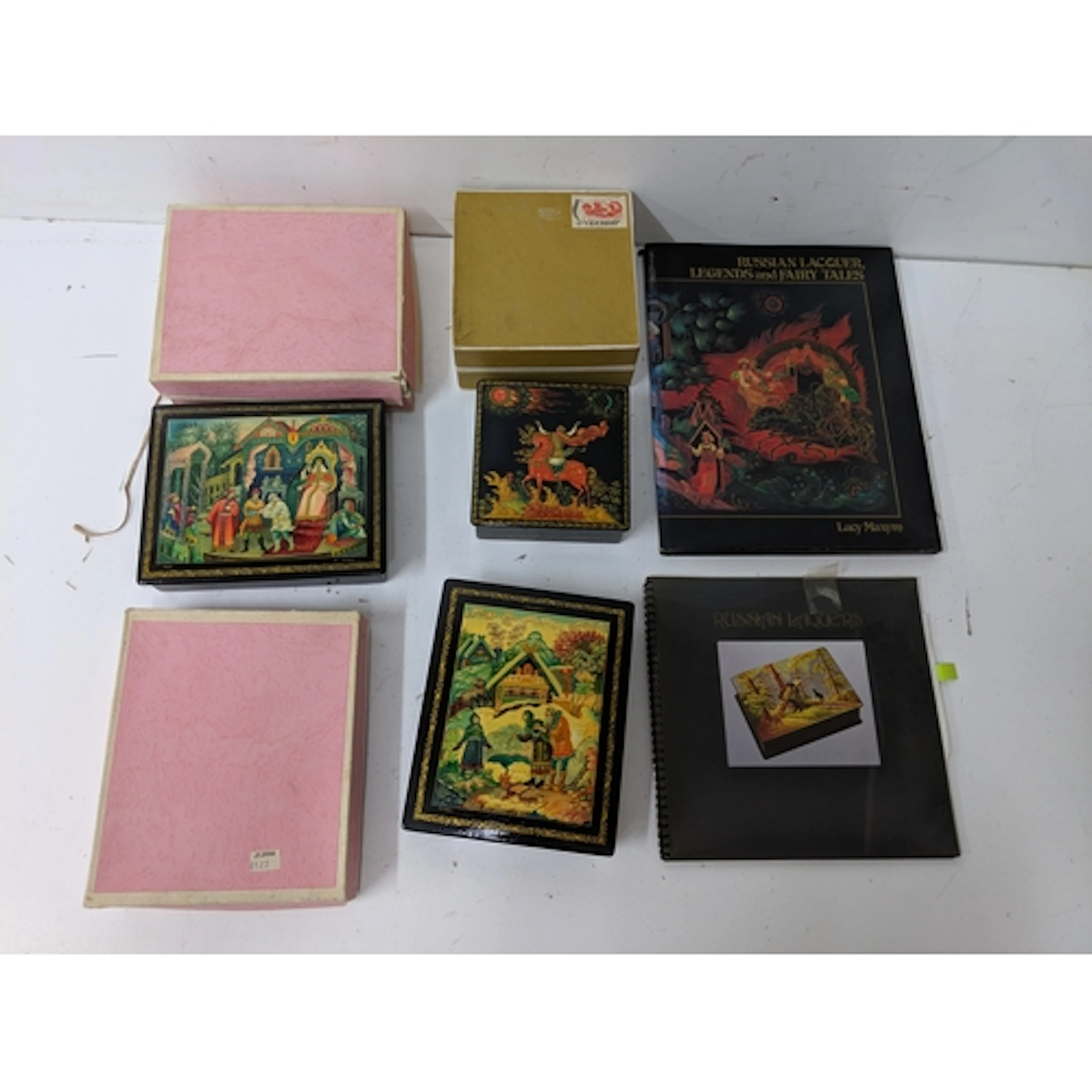 Three 1980's Russian painted black lacquered boxes each sign...