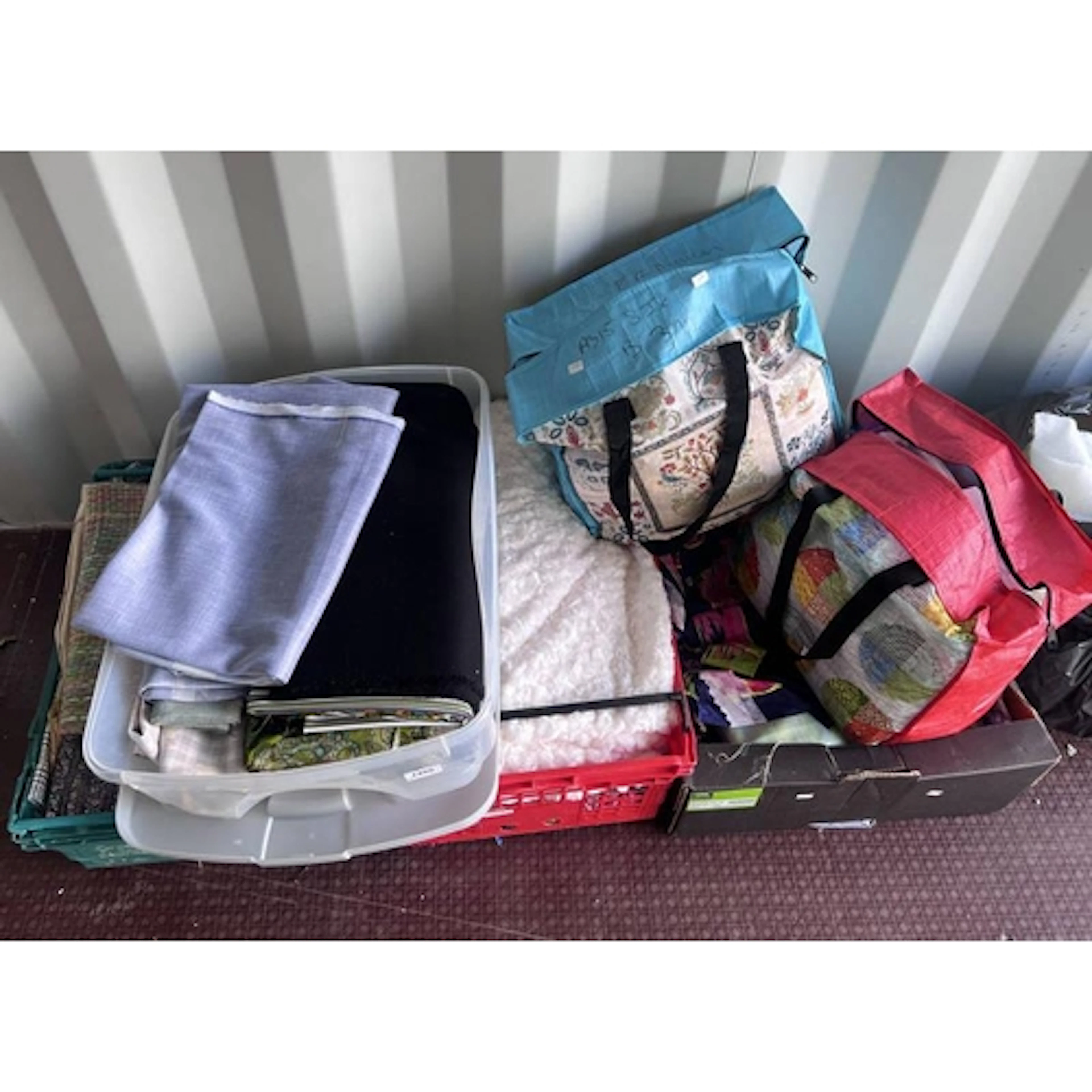 4 BOXES & 2 BAGS OF VARIOUS FABRICS, ETC