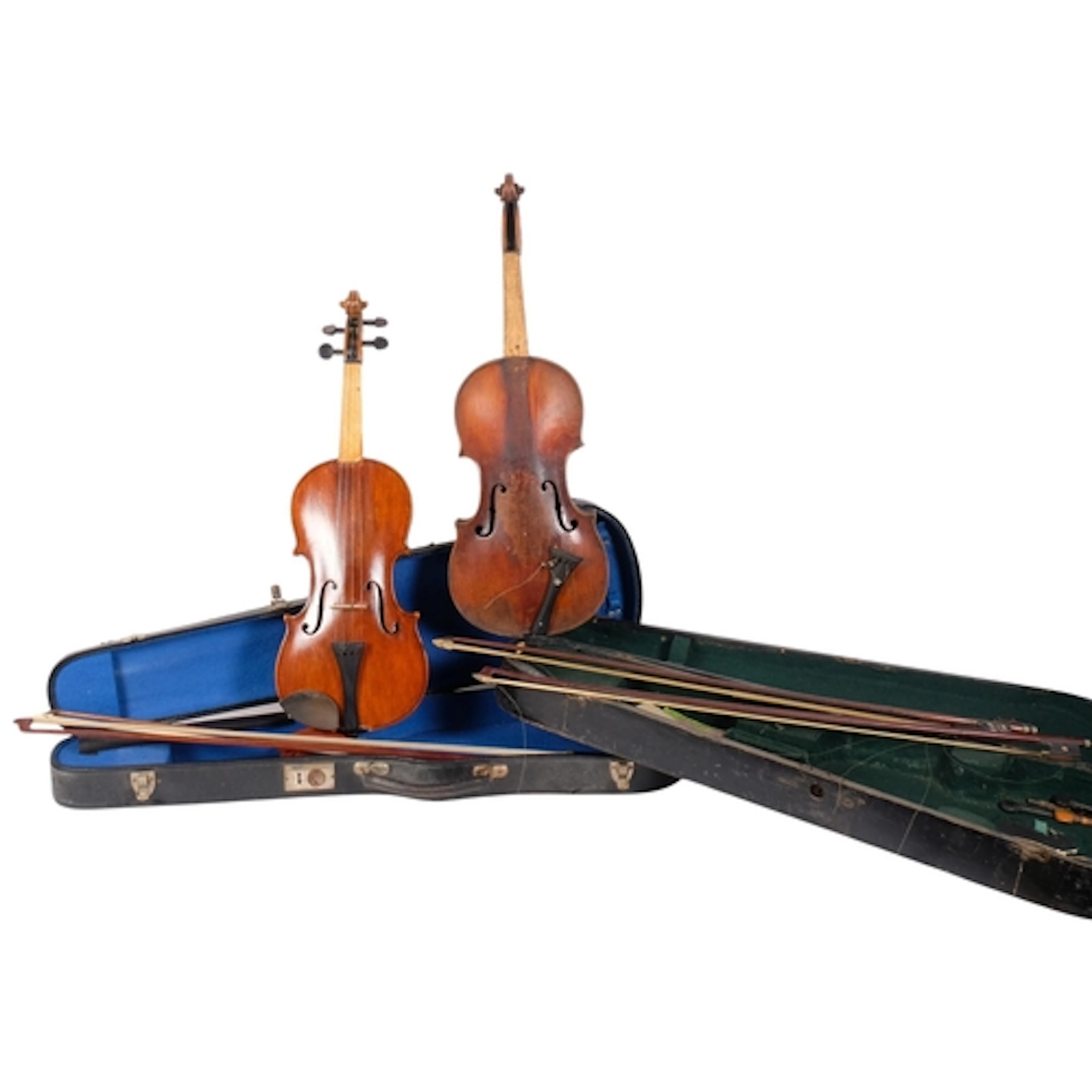 2 Antique violins (both A/F for restoration), each in hardsh...