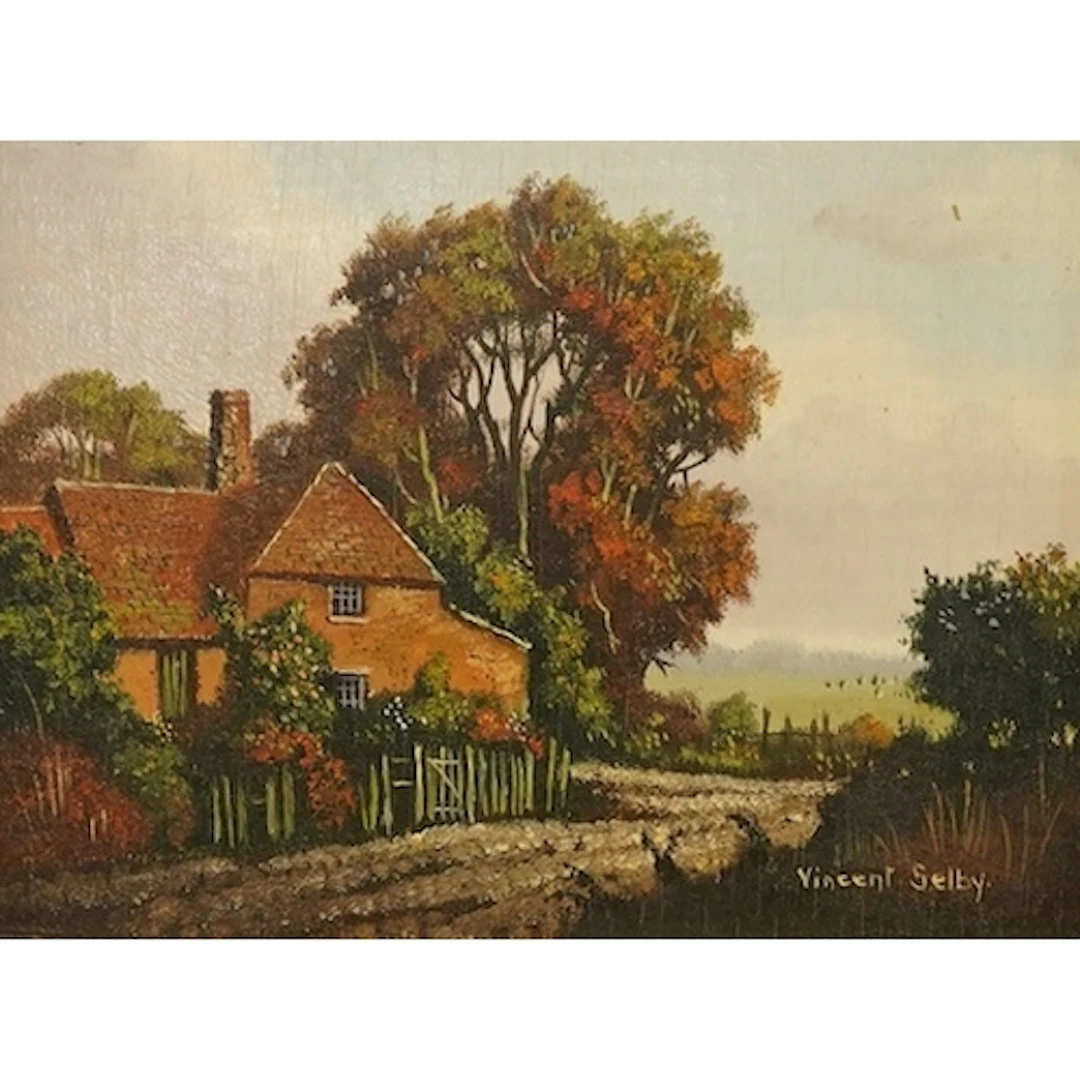 Vincent Selby (1919-2004), study of a cottage before woodlan...