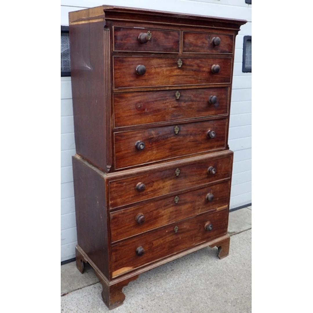 A 19th cen mahogany chest on chest, a/f missing moulding, 10...