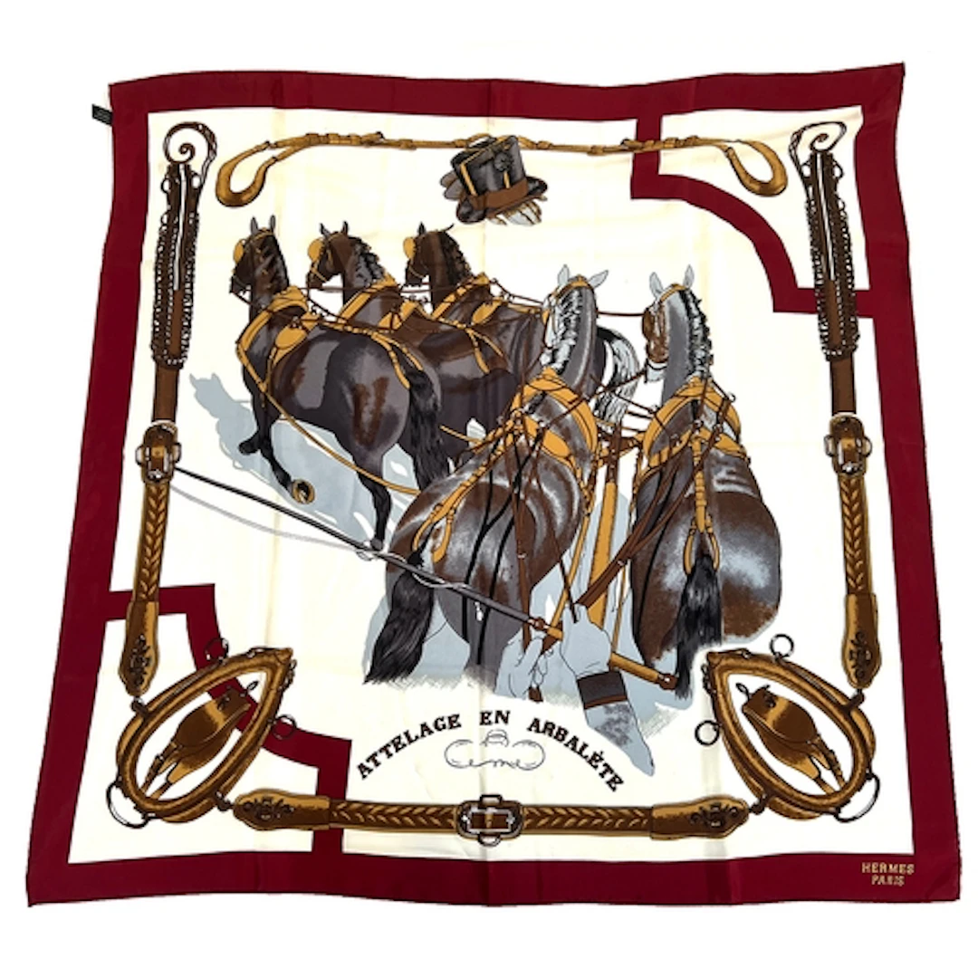 A Hermes silk scarf with equestrian theme, 'Attelege en Arba...