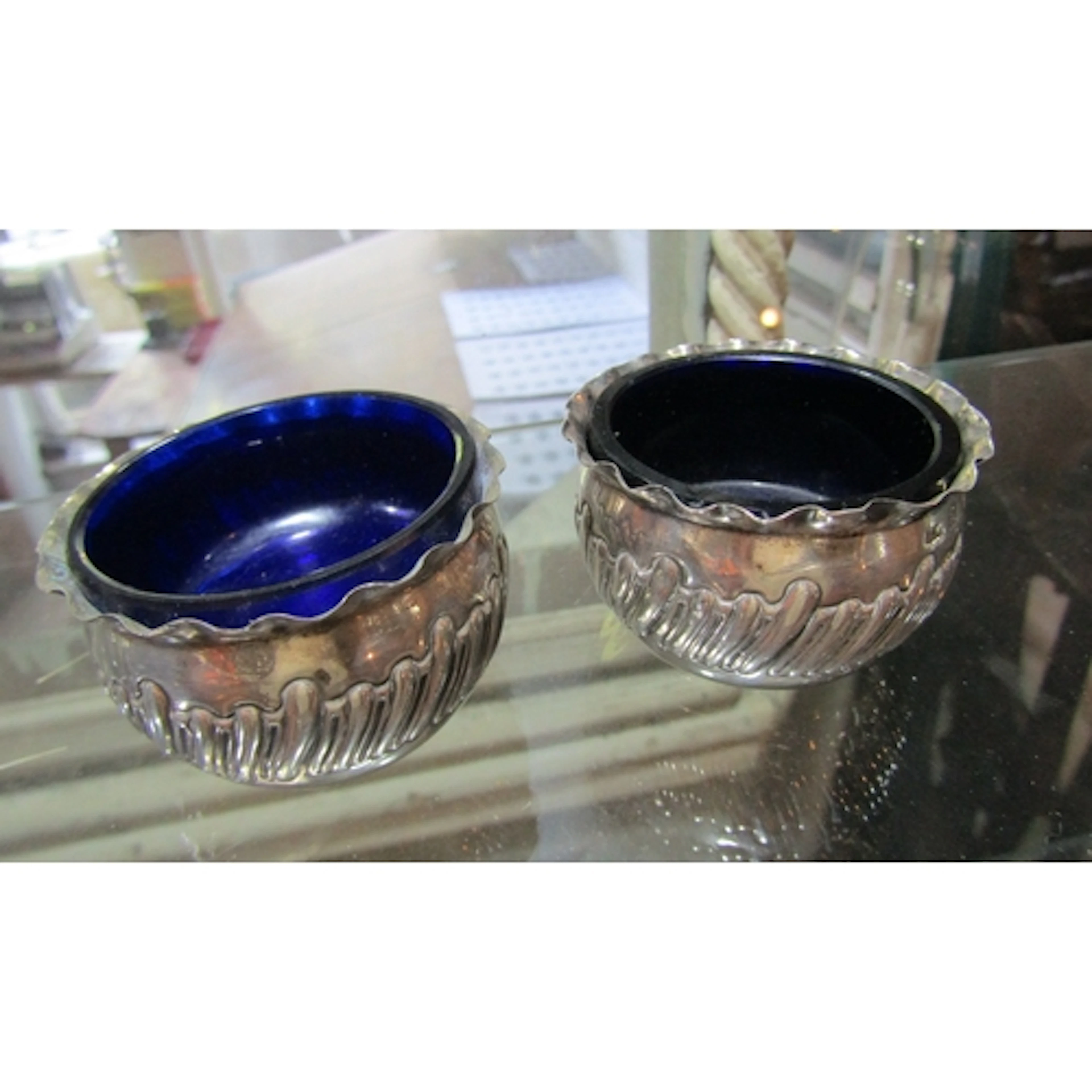 Pair of Silver Table Salts with Bristol Blue Glass Aligners