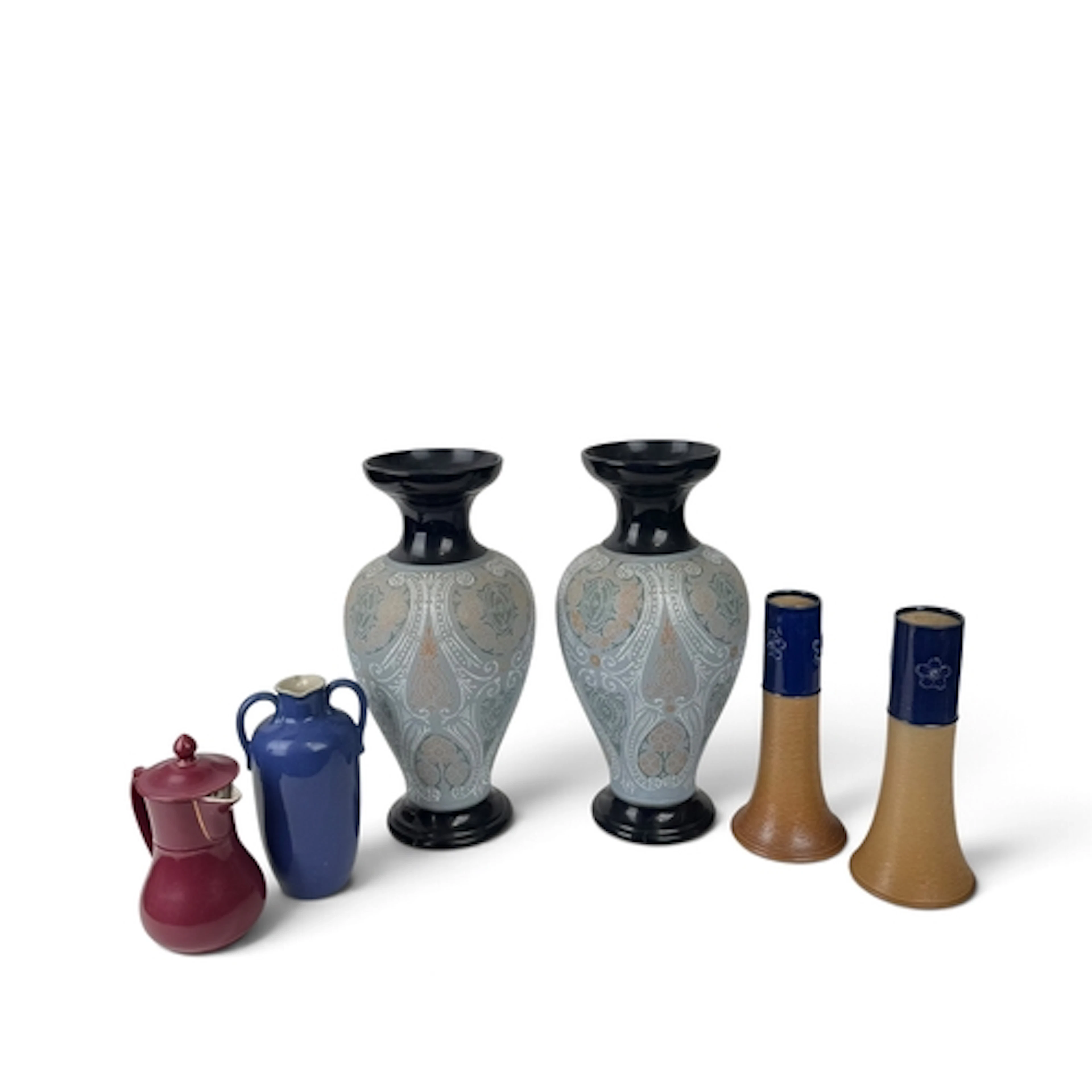 A PAIR OF LARGE LOVATT LANGLEY WARE VASES 38cm high. A pair ...