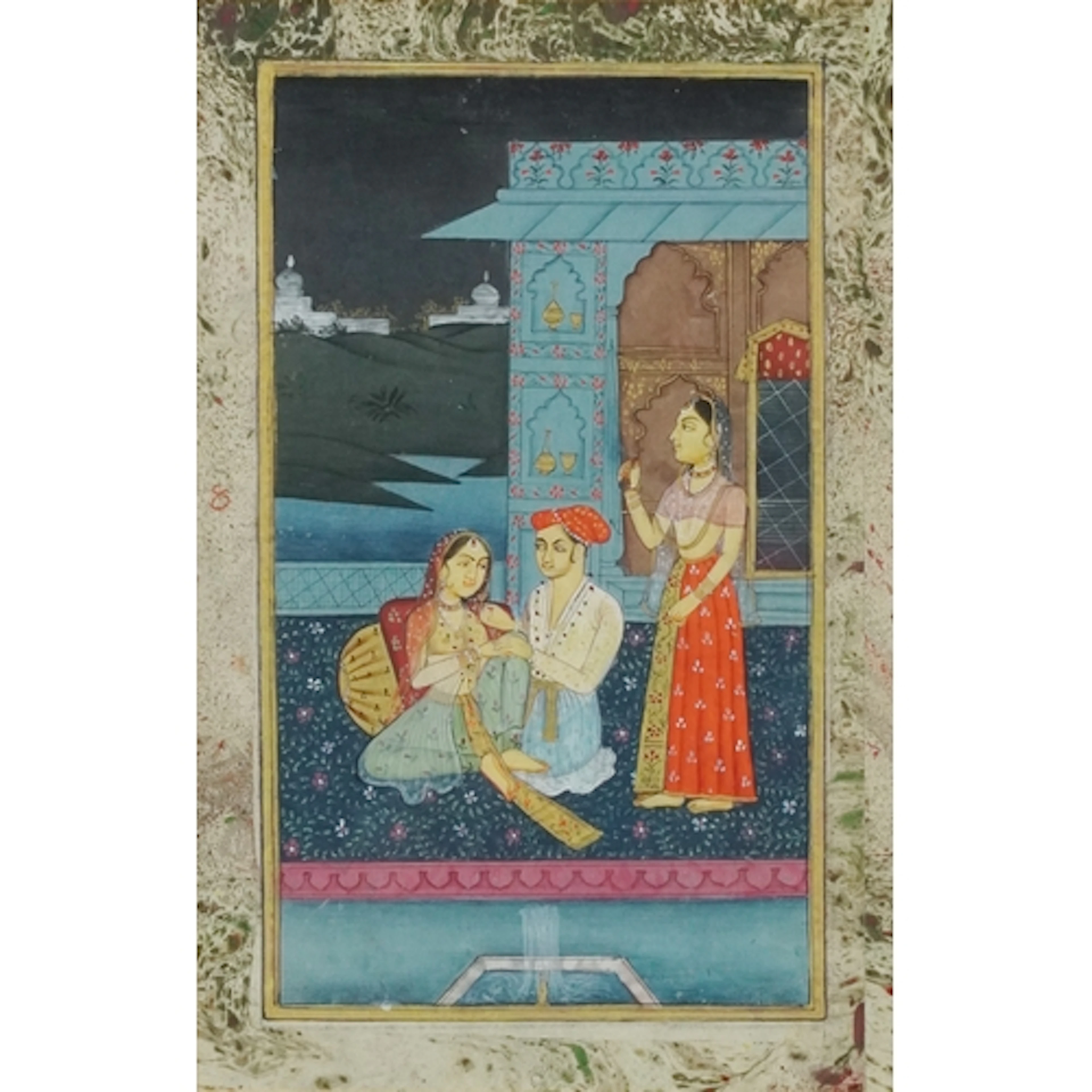 Indian Mughal gouache panel hand painted with figures on a t...