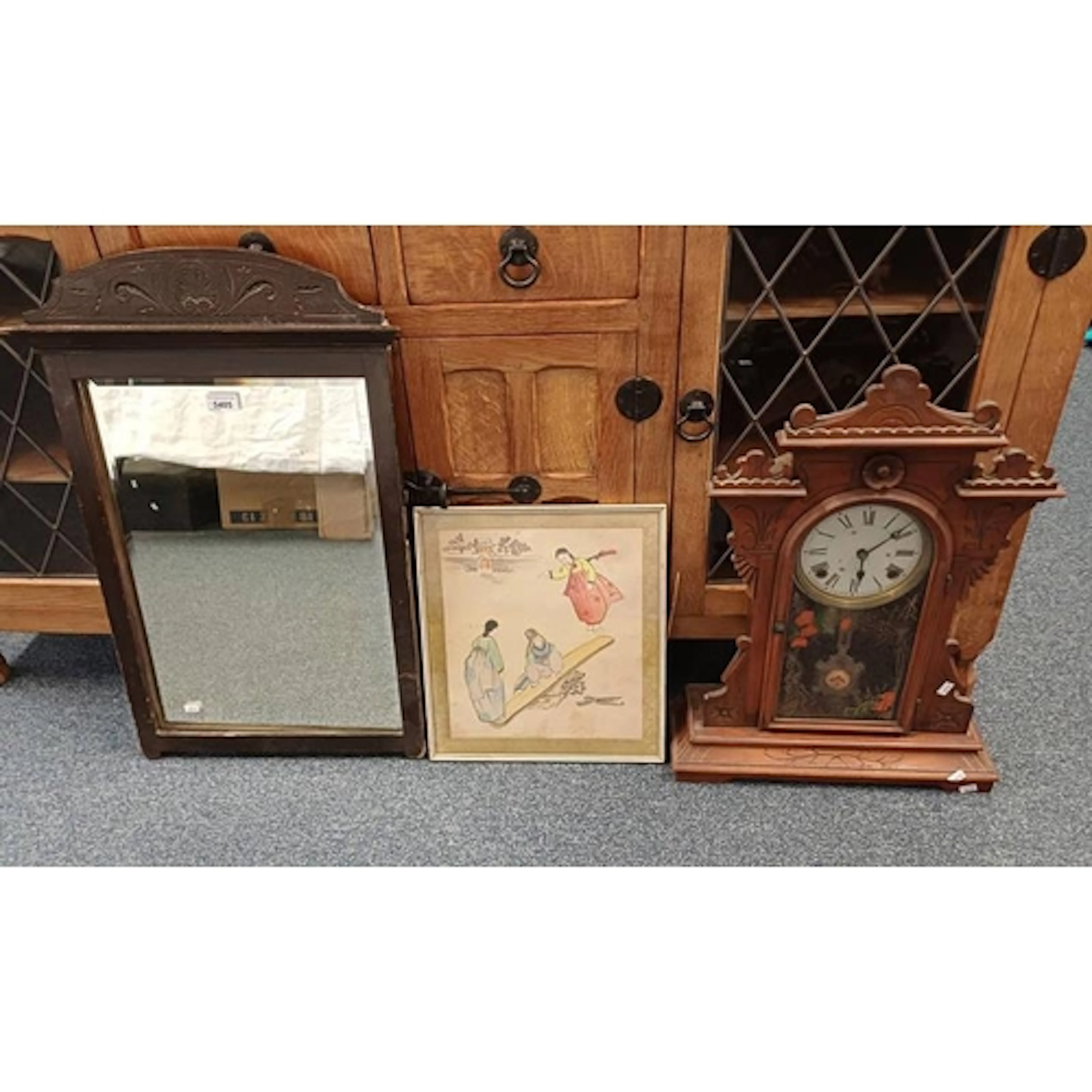 MAHOGANY CASED GINGERBREAD CLOCK, FRAMED ORIENTAL SCENE & MI...