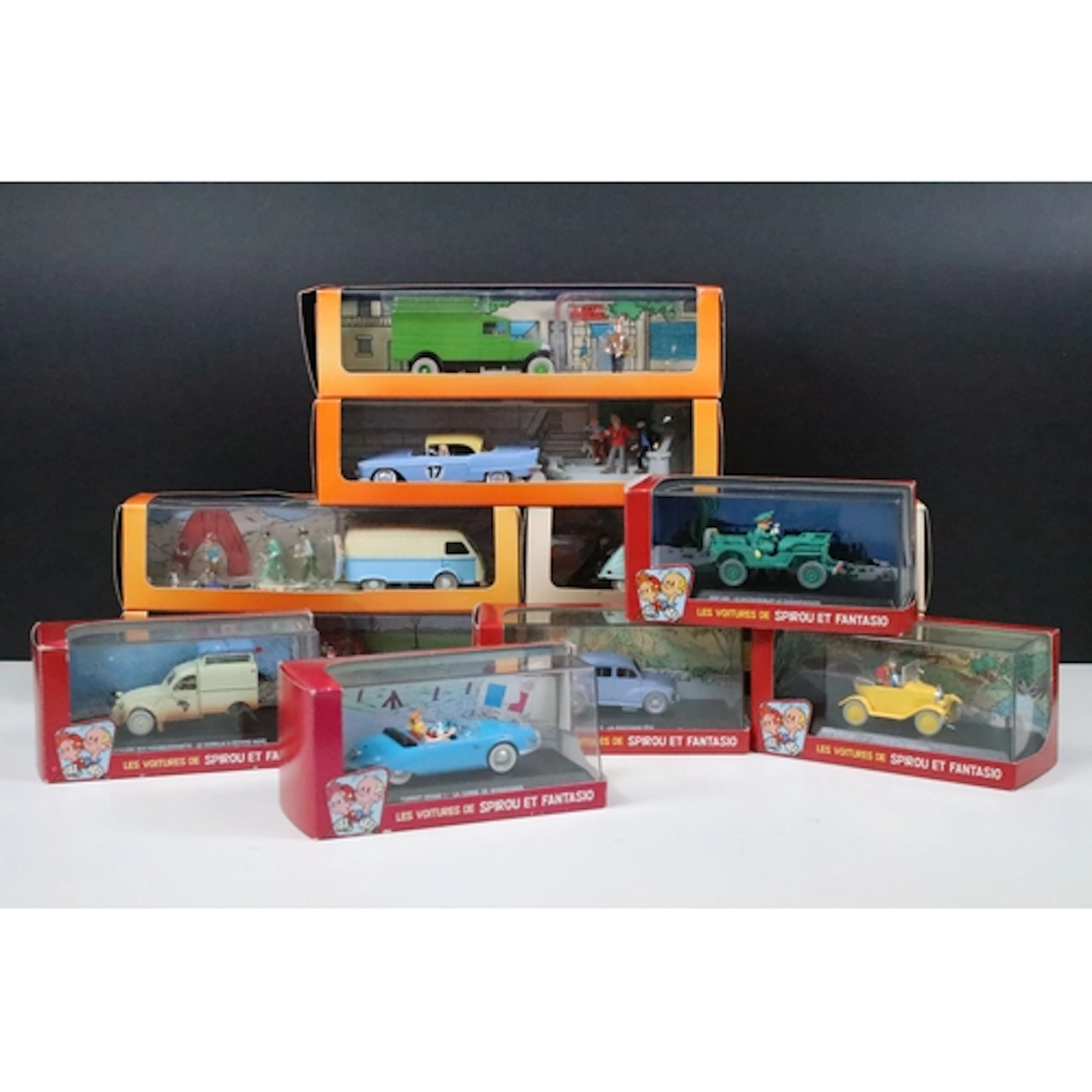 Six boxed / cased Herge Moulinsart En Voiture Tintin diecast...