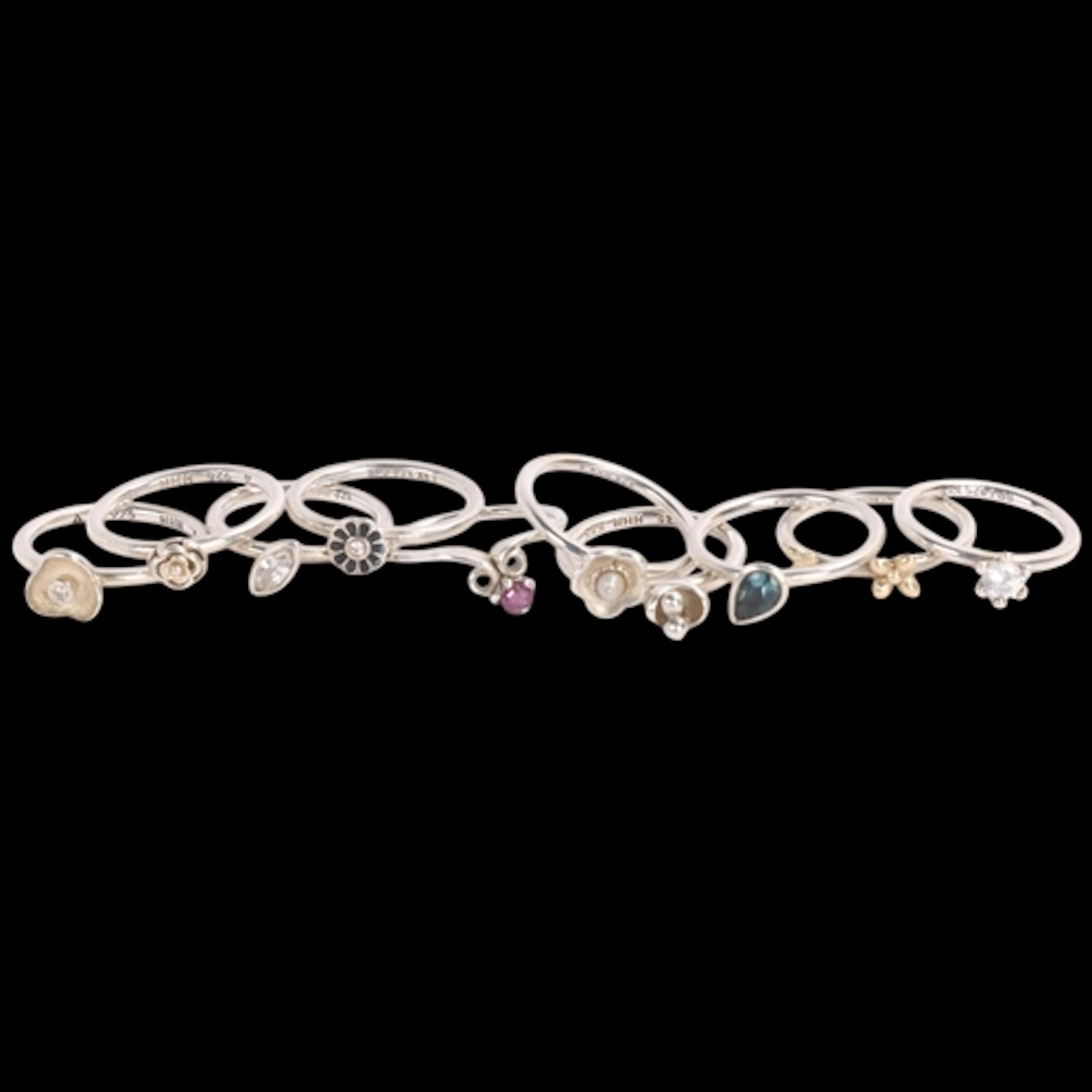 10 Danish sterling silver stacking rings, mostly by Hans Hen...