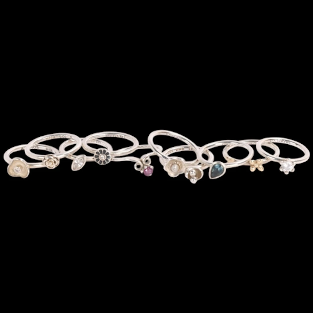 10 Danish sterling silver stacking rings, mostly by Hans Hen...