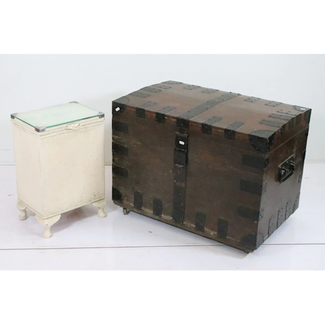 Early 20th century iron bound oak chest, flanked with iron c...