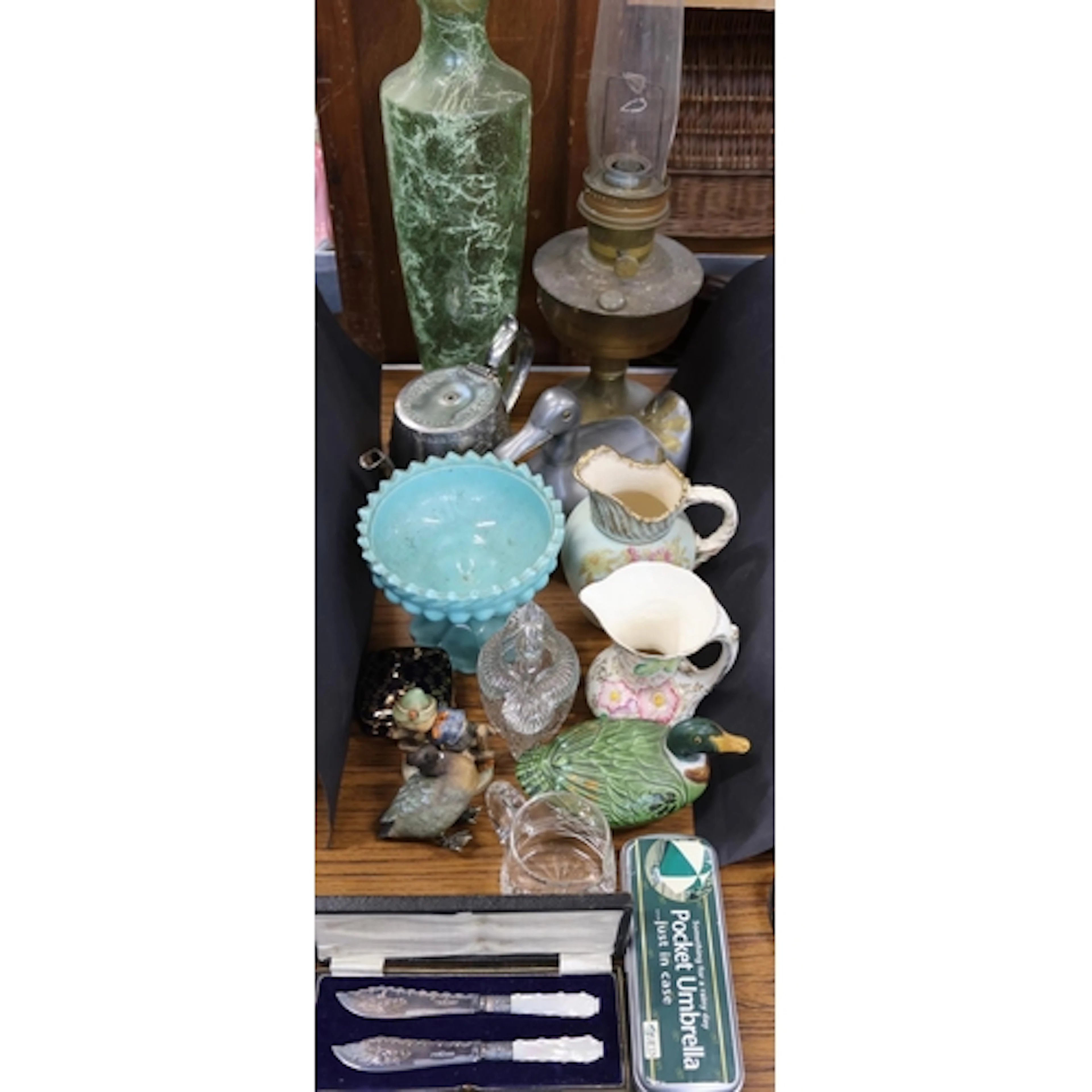 Paraffin lamp, glass and ceramic jugs, duck models, etc.