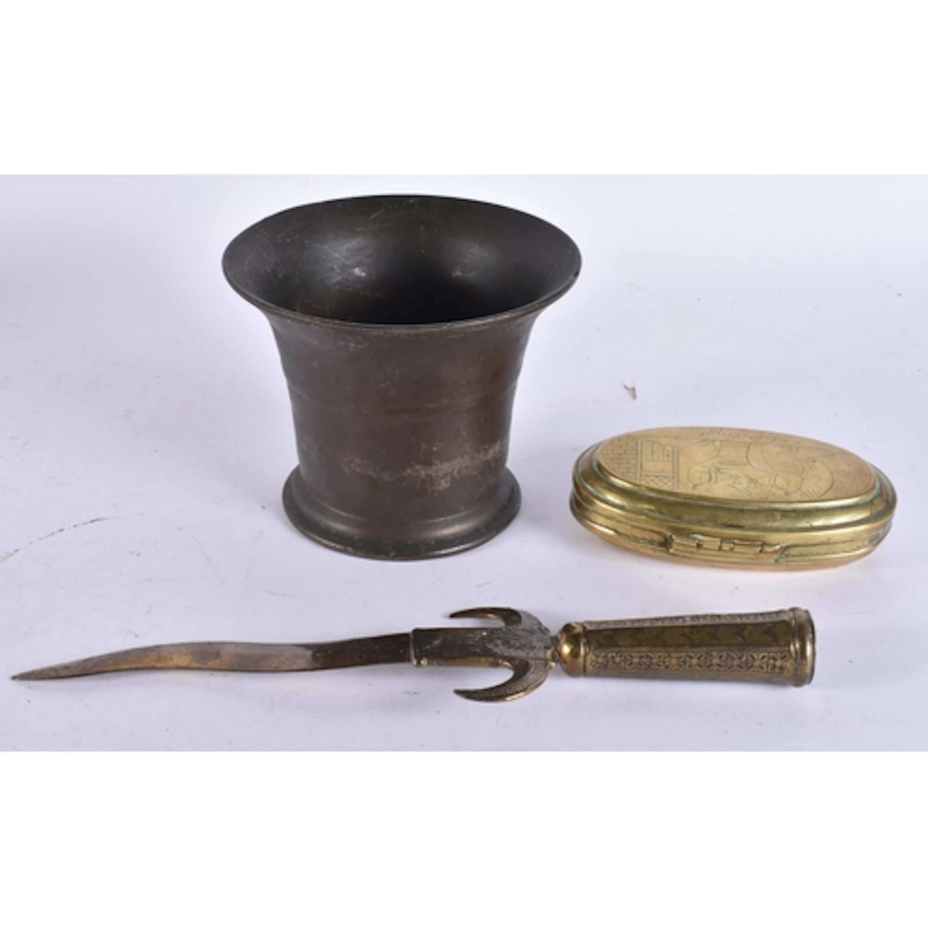 AN EARLY BRONZE MORTAR together with an Eastern standard/sta...