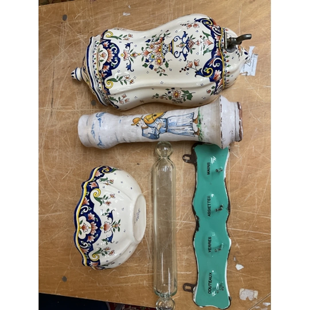 Qty Faience ware water holder and bowl and vase, along with ...