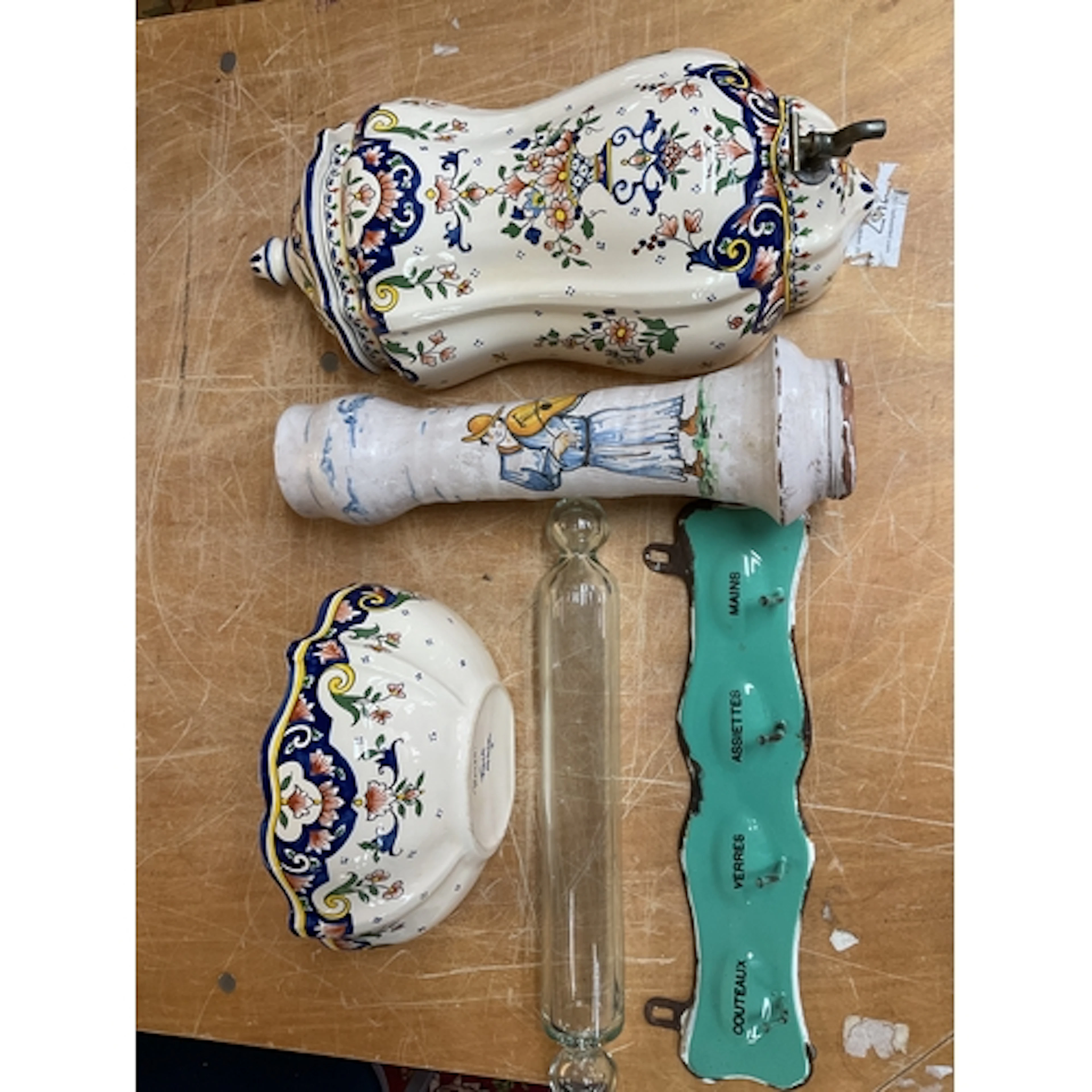 Qty Faience ware water holder and bowl and vase, along with ...