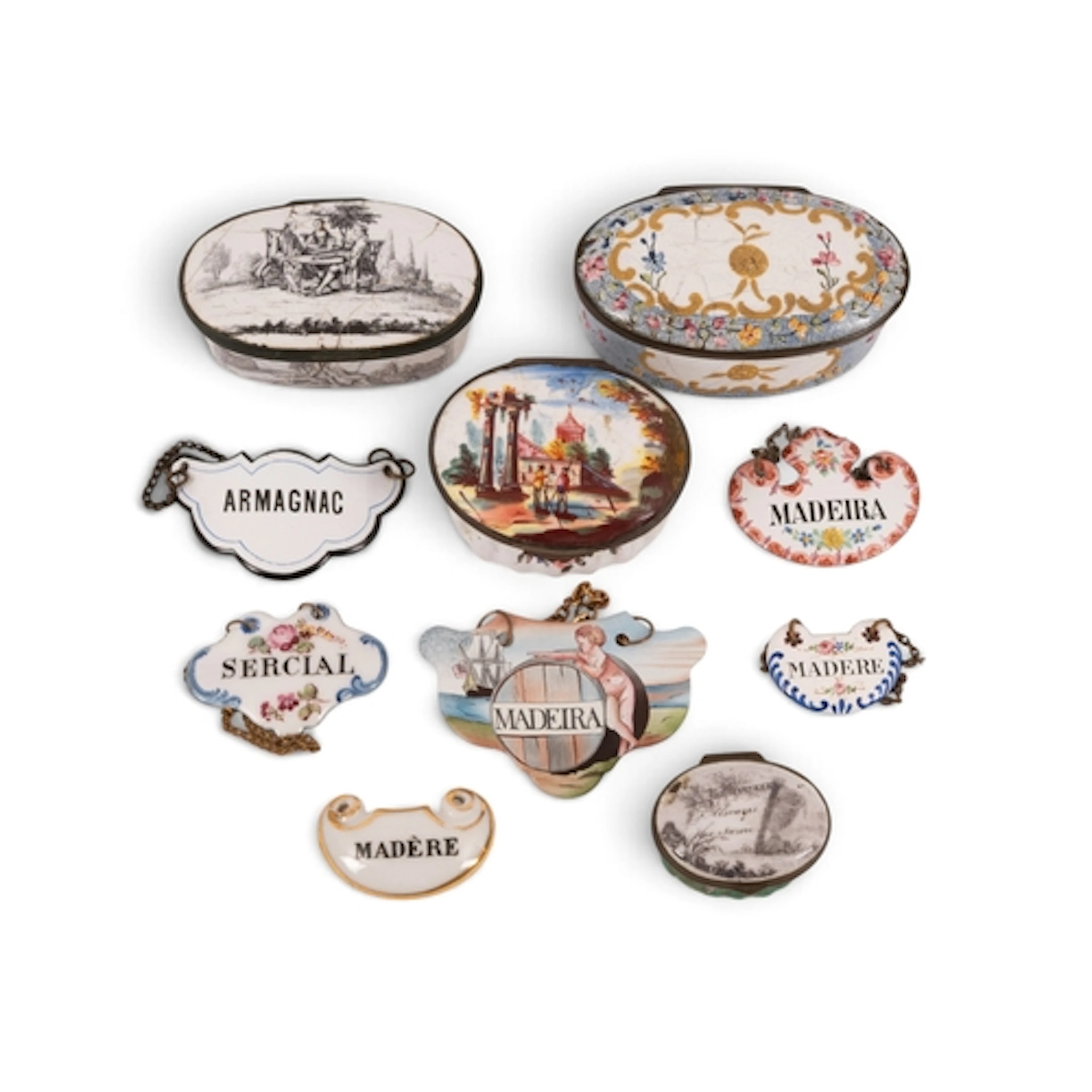 Two English enamel snuff boxes and a patch box, c.1770-90, t...