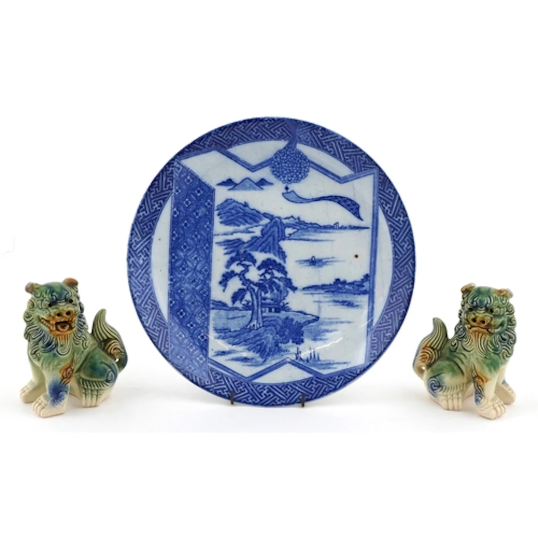 Pair of Chinese porcelain Foo dogs and a Chinese porcelain b...