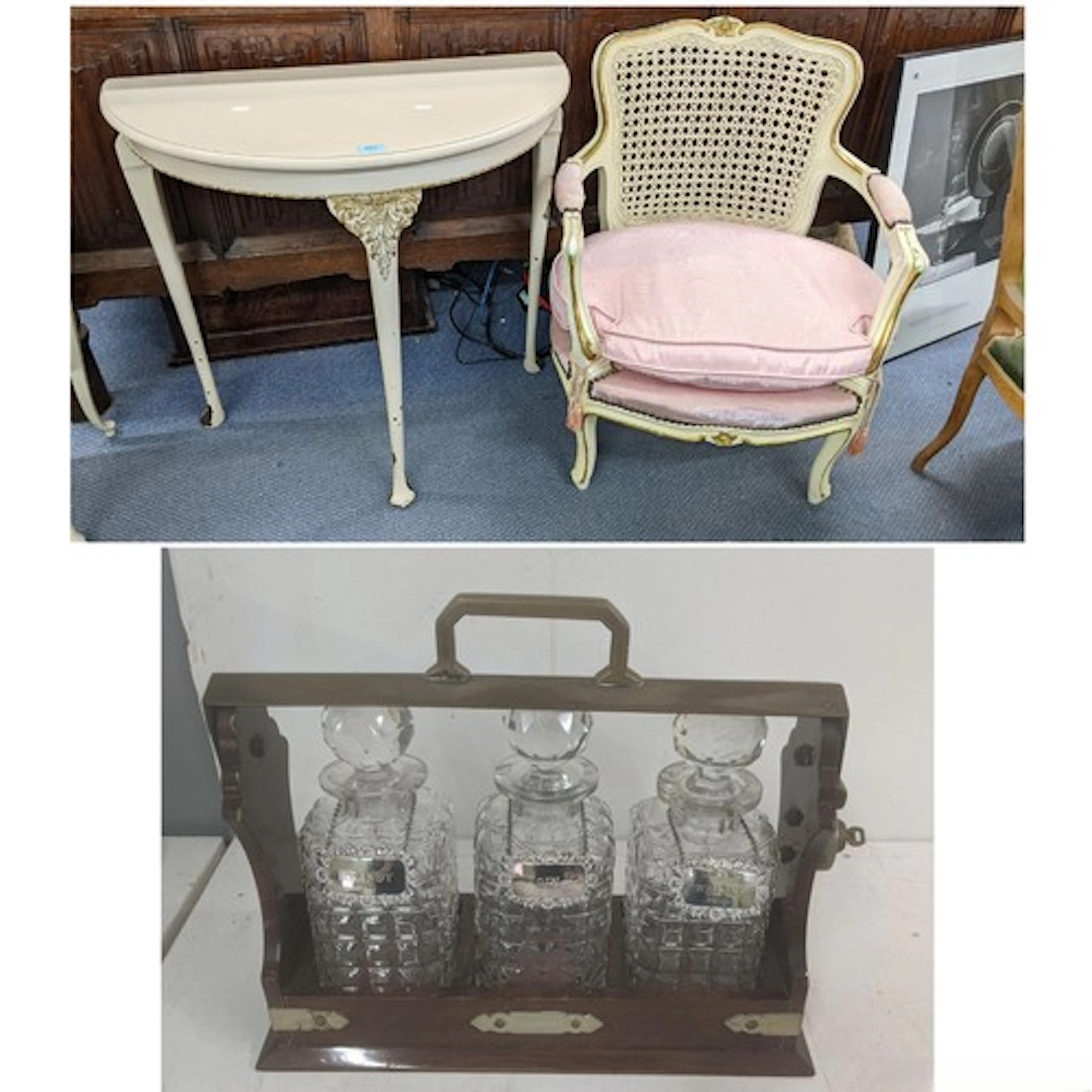 A timber framed early 20th century tantalus featuring three ...