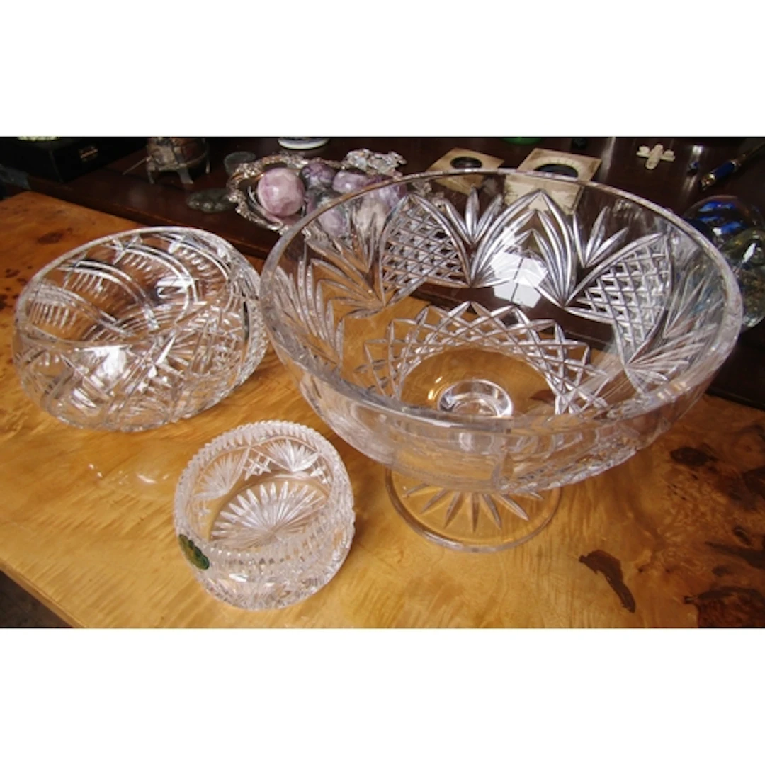Three Pieces of Cut Crystal Including Pedestal Form Table Bo...