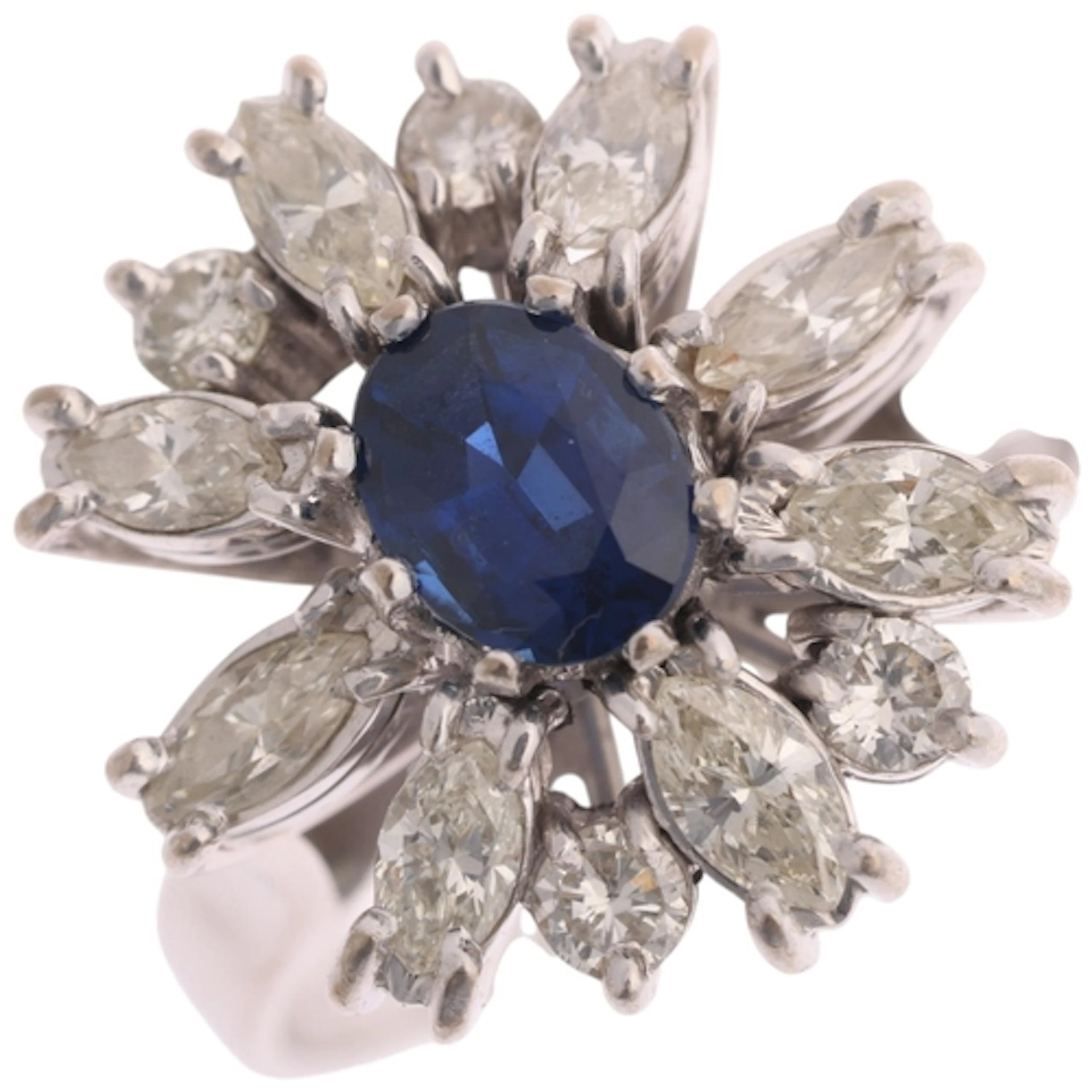 An 18ct white gold sapphire and diamond cluster ring, maker ...