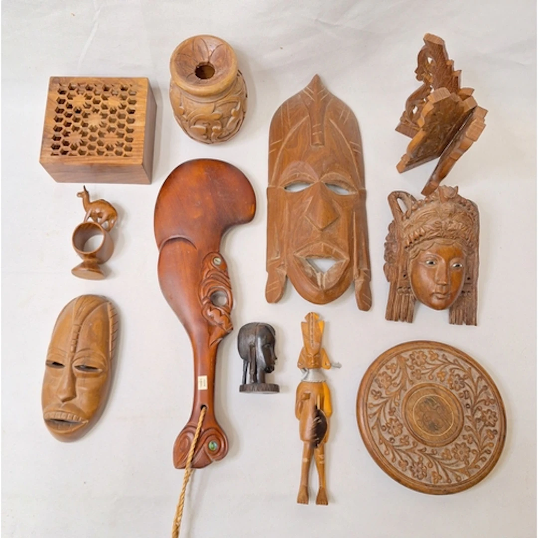 Small Indian Fold Out Plant Stand, African wall mask, Baline...