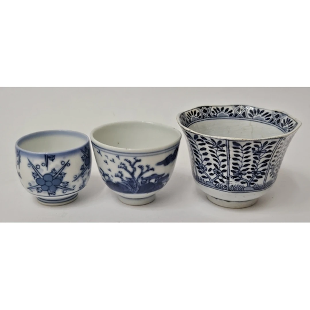 3 Blue & White Porcelain Cups incl. Chinese decorated with l...
