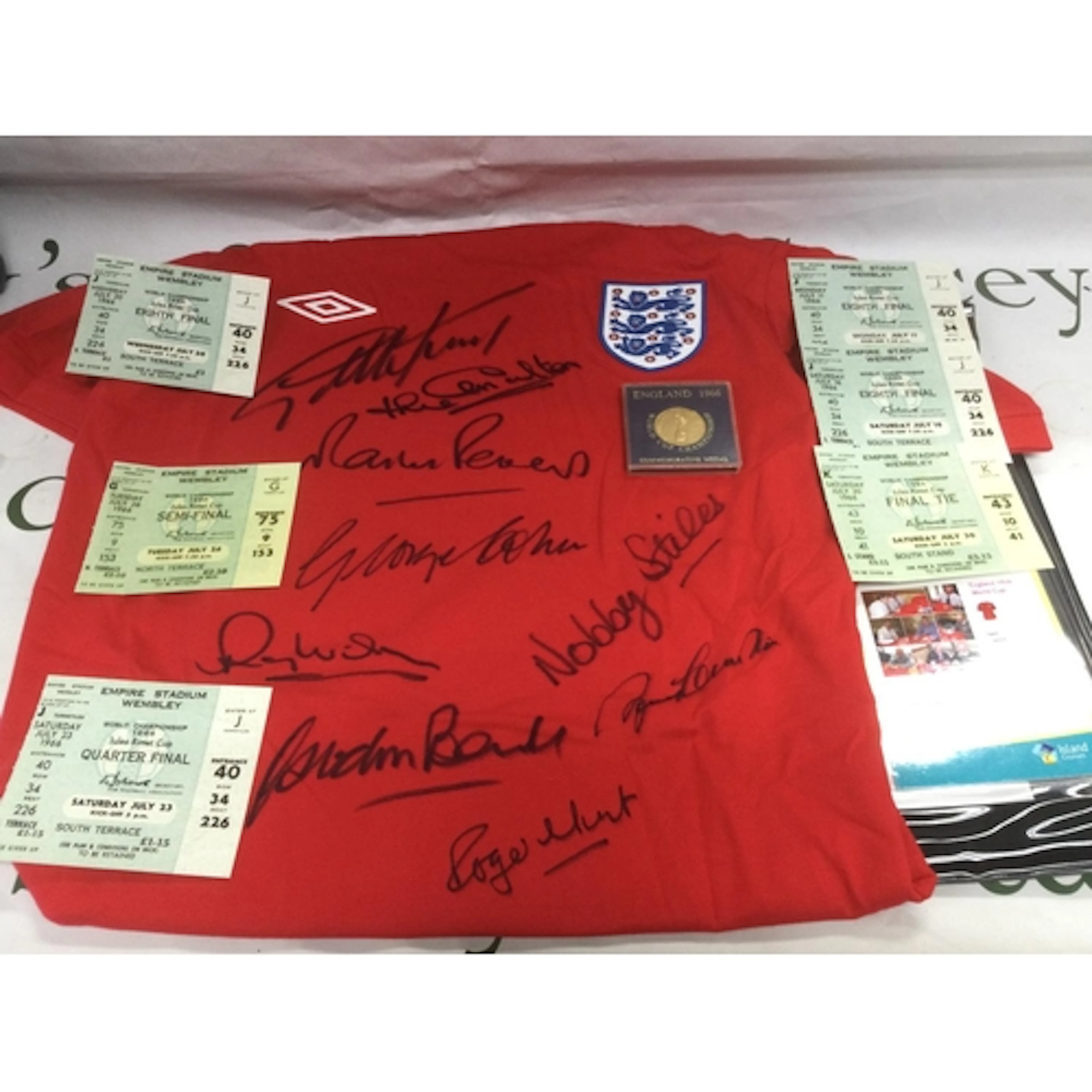 A signed England 1966 World Cup replica shirt plus six ticke...