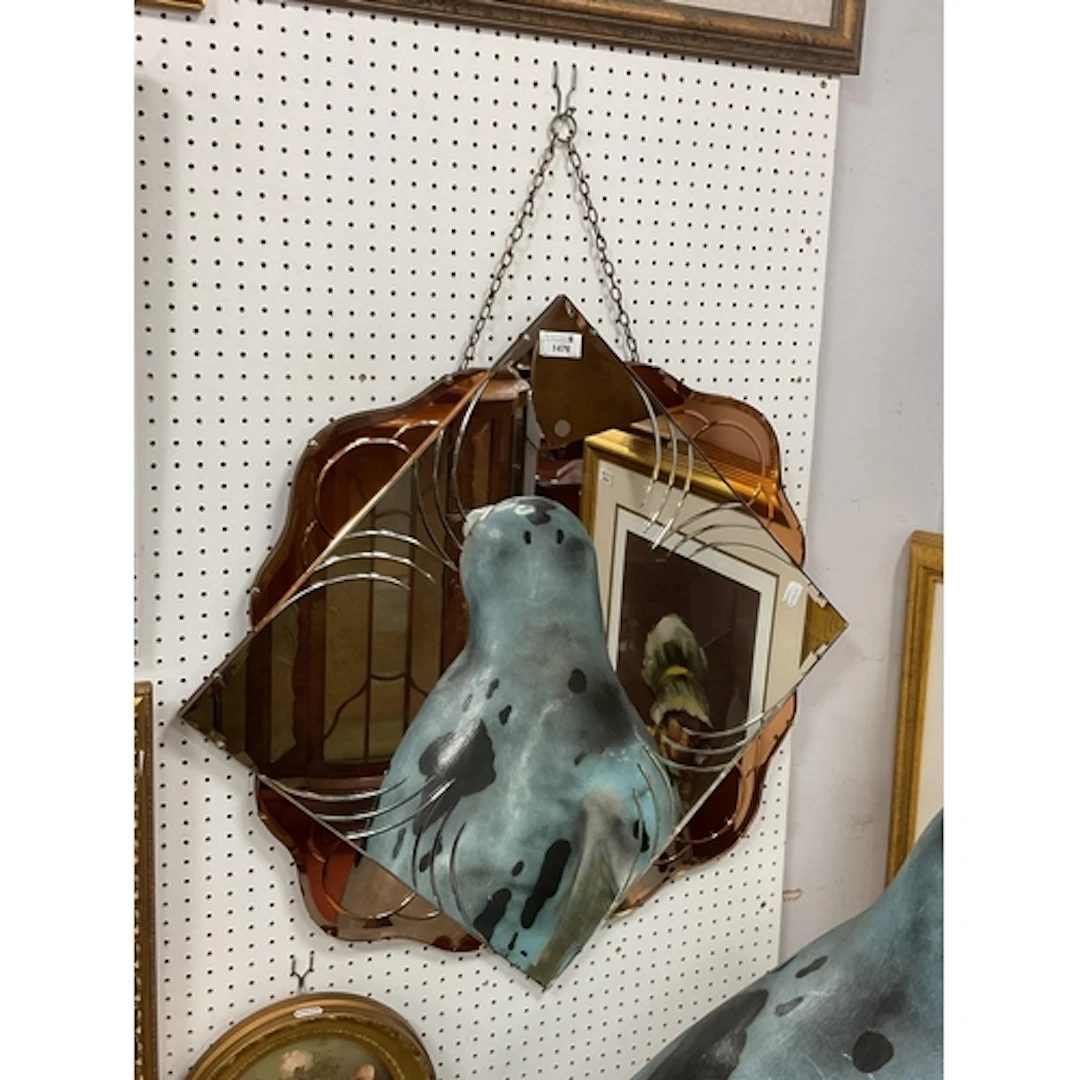 Art Deco Wall Mirror of Square Form, with pink tinted wavy p...