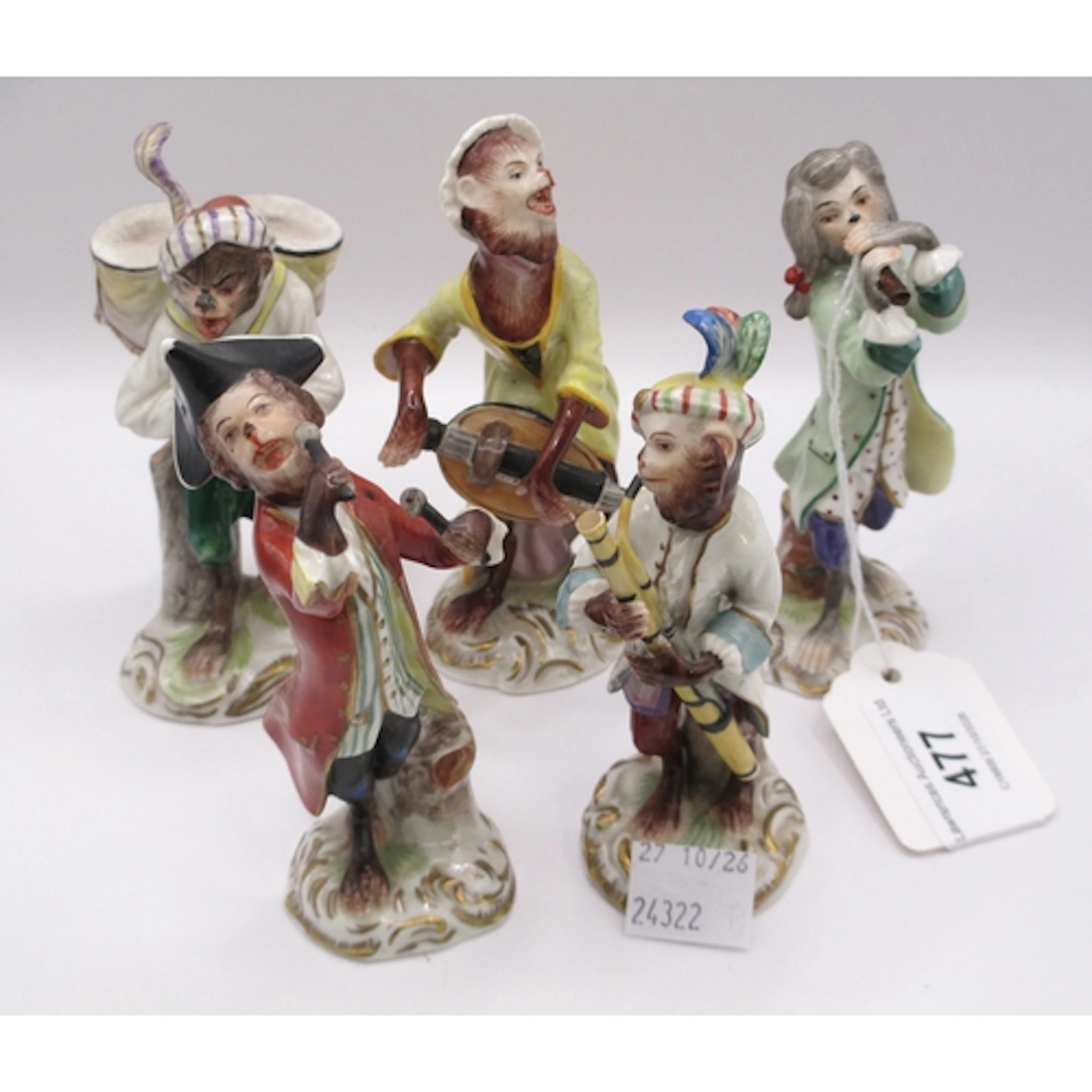 Naples porcelain, five piece monkey band, 12cm high