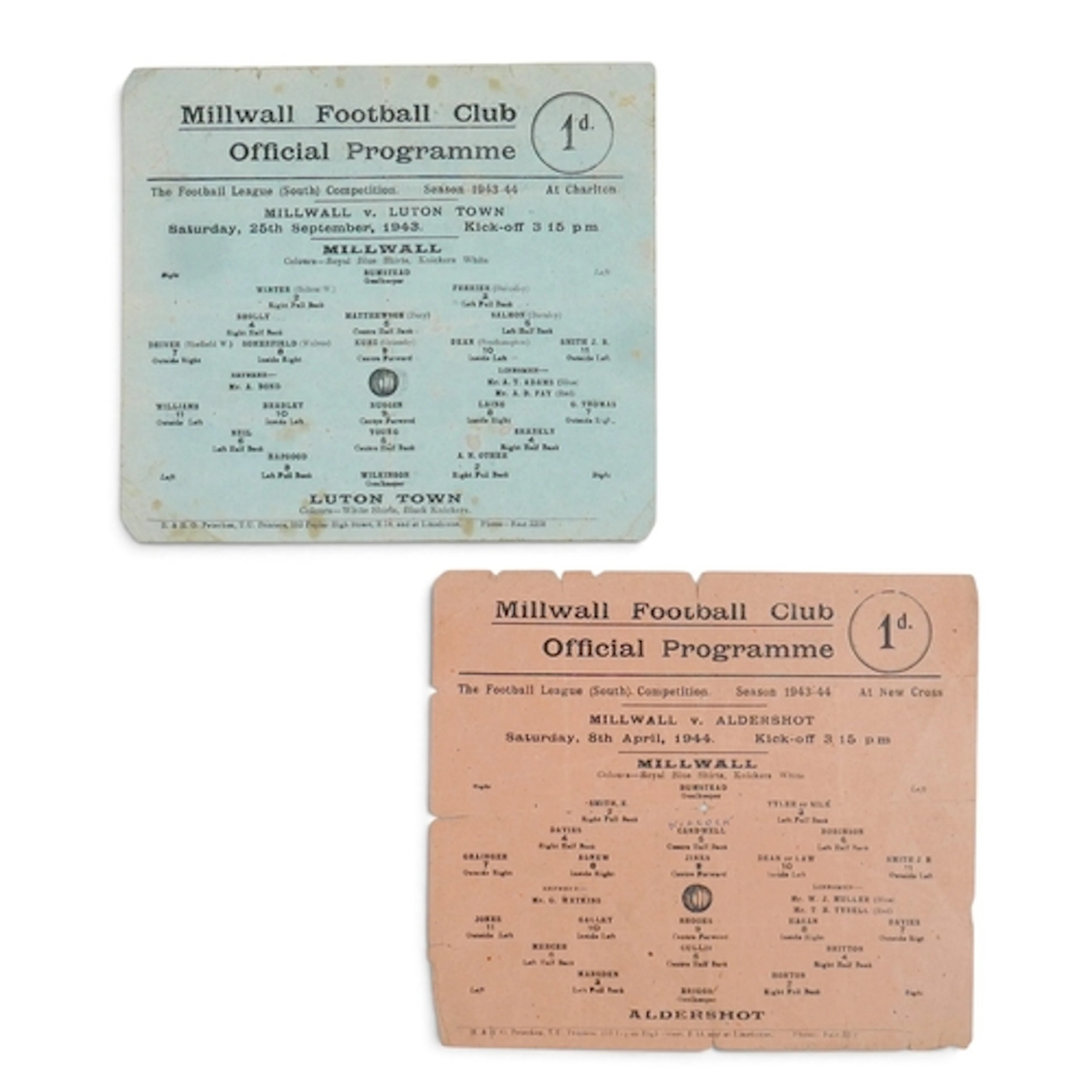 TWO MILLWALL FOOTBALL CLUB VINTAGE OFFICIAL PROGRAM SHEETS. ...