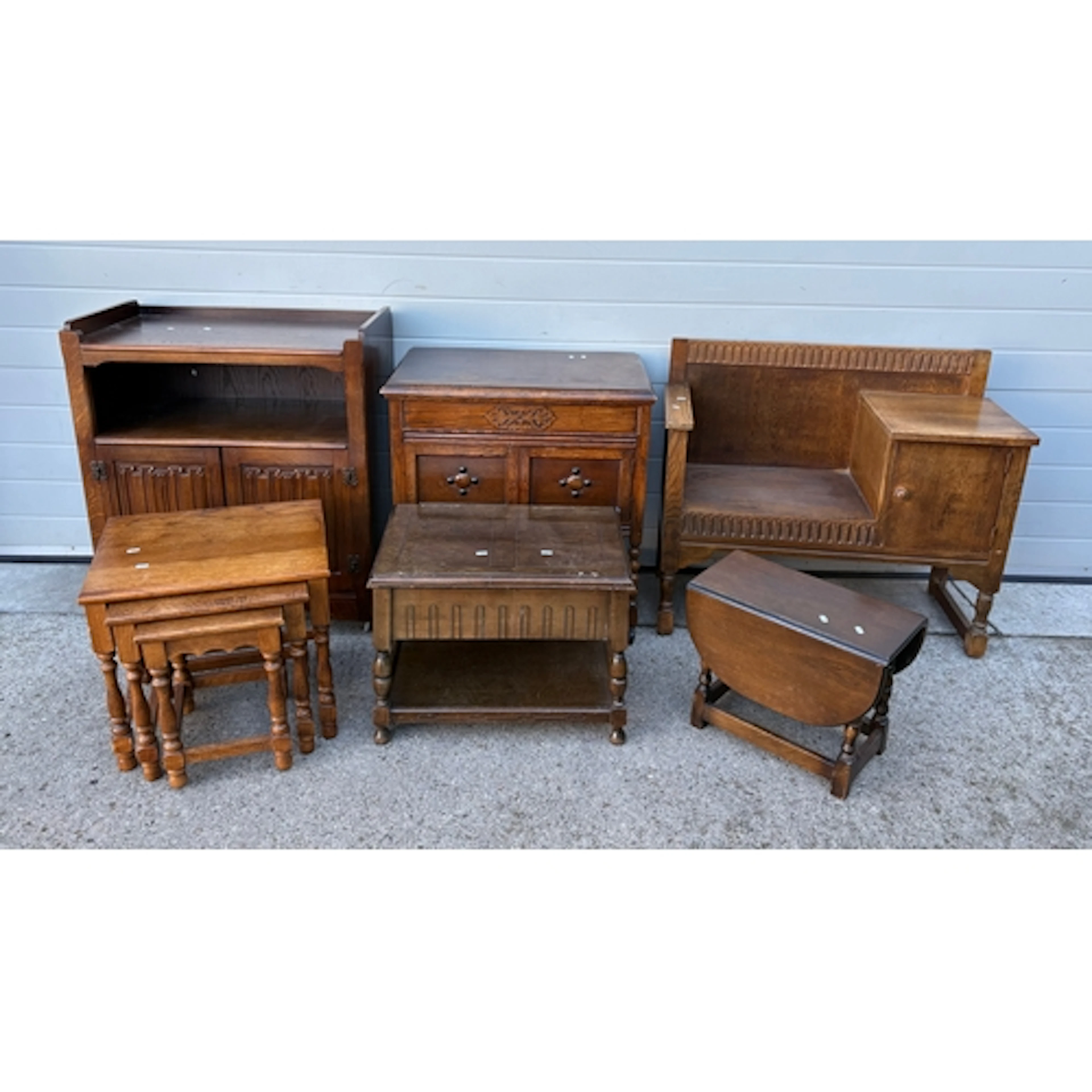 A nest of tables, sewing box, record cabinet, empty gramopho...