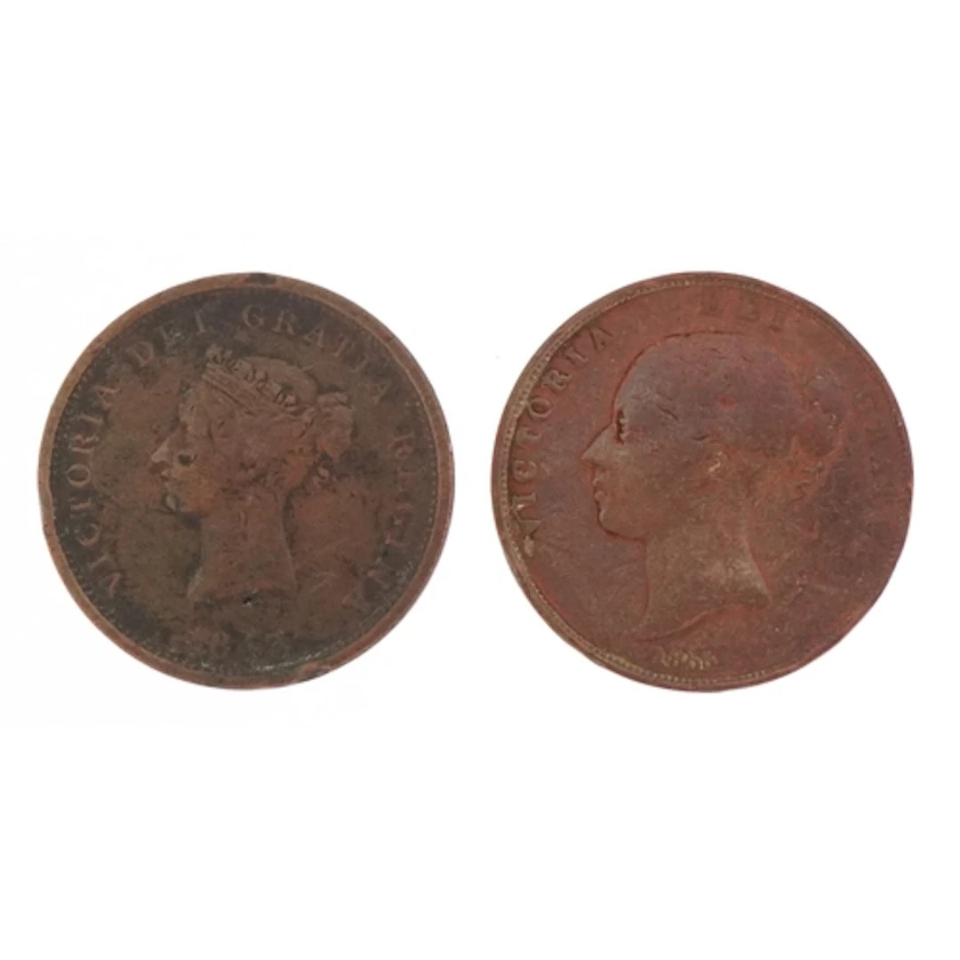 Queen Victoria 1855 copper penny and a New Brunswick 1843 on...