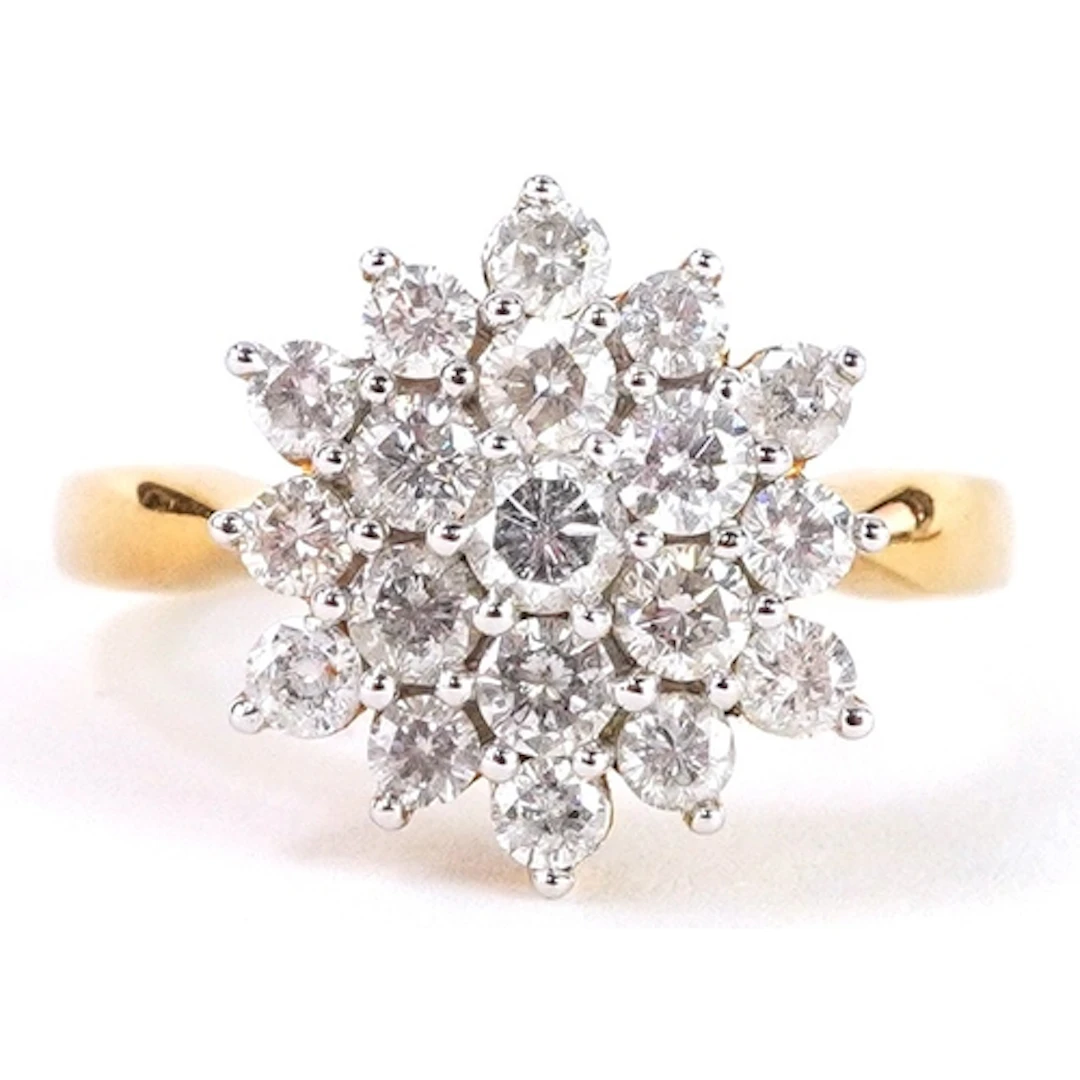 18ct gold diamond three tier cluster ring, size Q, 7.2g, box...
