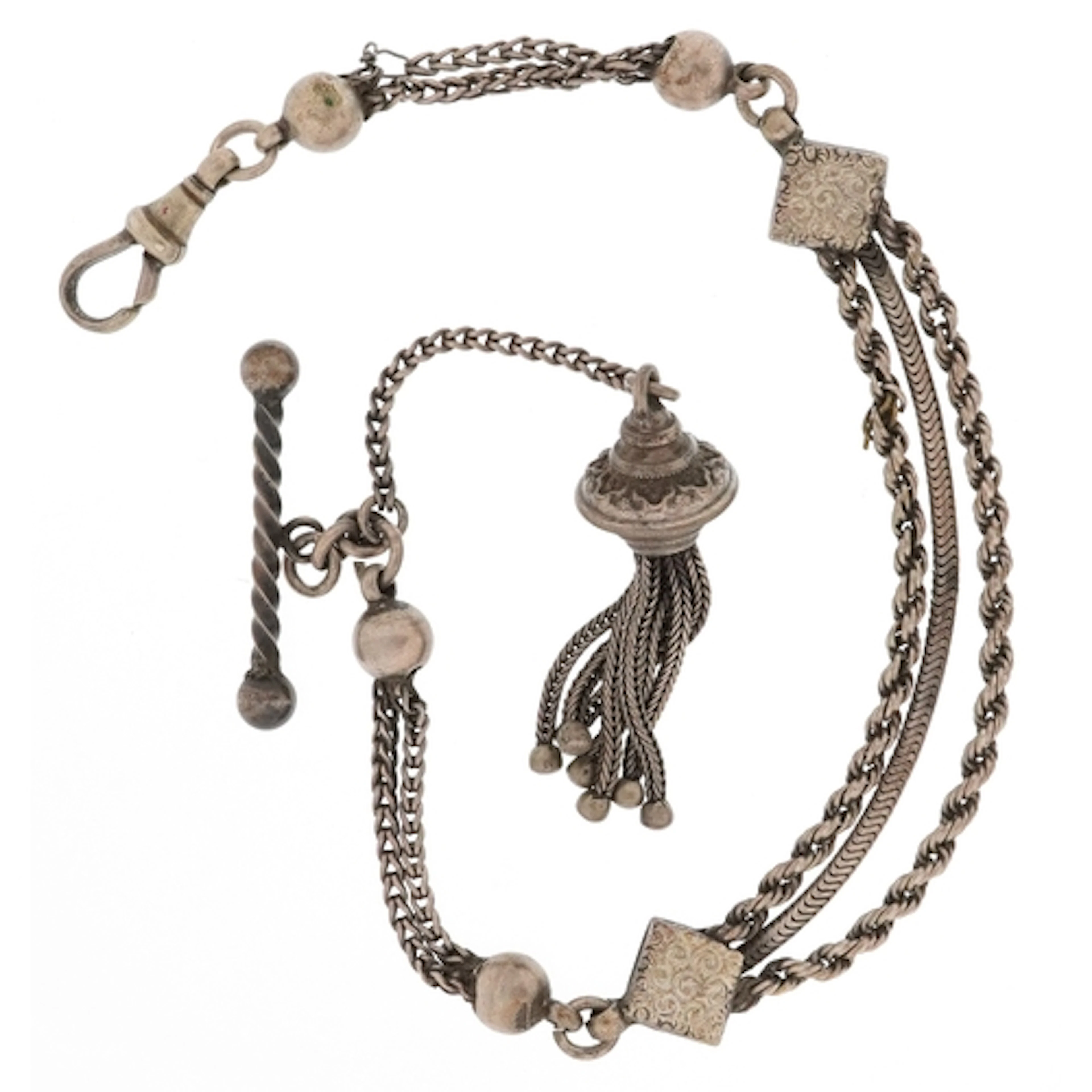 Antique white metal Albertina watch chain with dog clip clas...