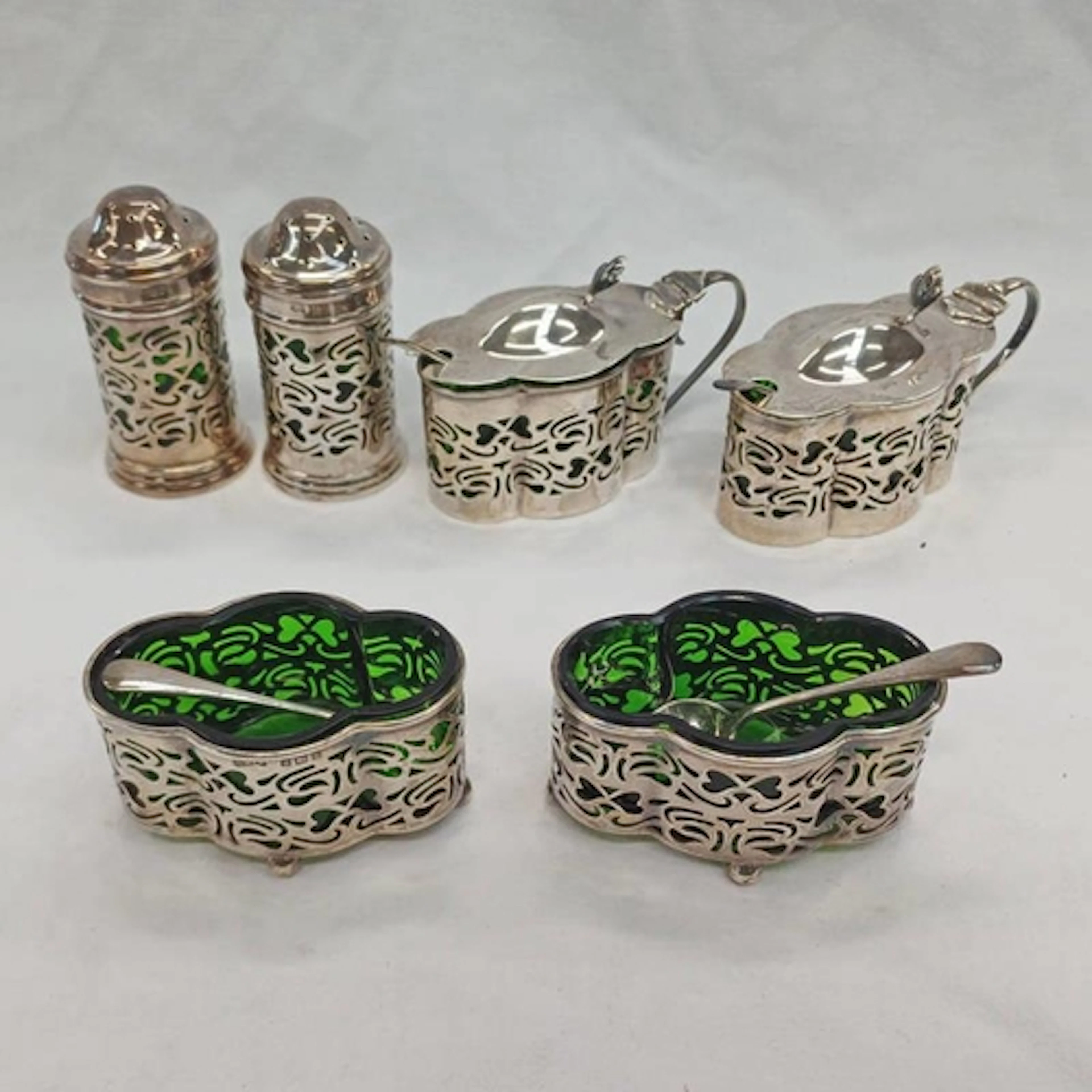 SILVER 6 PIECE CRUET SET WITH PIERCED WORK DECORATION & GREE...