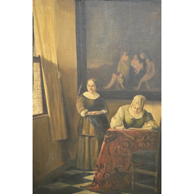 Oil on canvas board, interior scene with two figures after V...